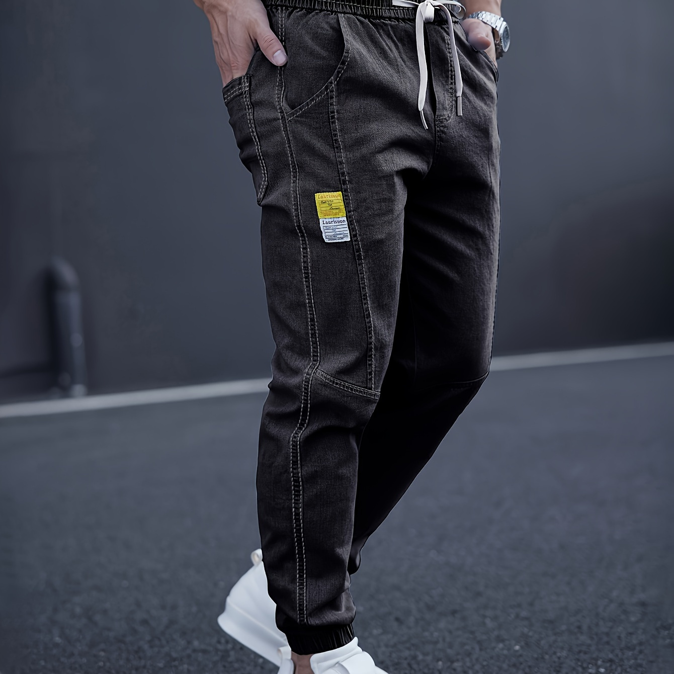 

Men's Casual Tapered Jeans, Chic Waist Drawstring Joggers