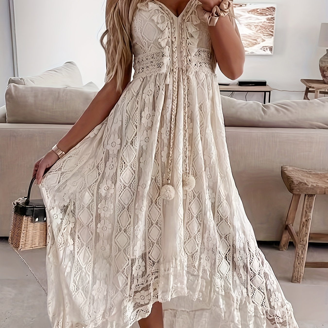 

Guipure Lace Spaghetti Strap Dress, Elegant Backless Cami Dress, Women's Clothing