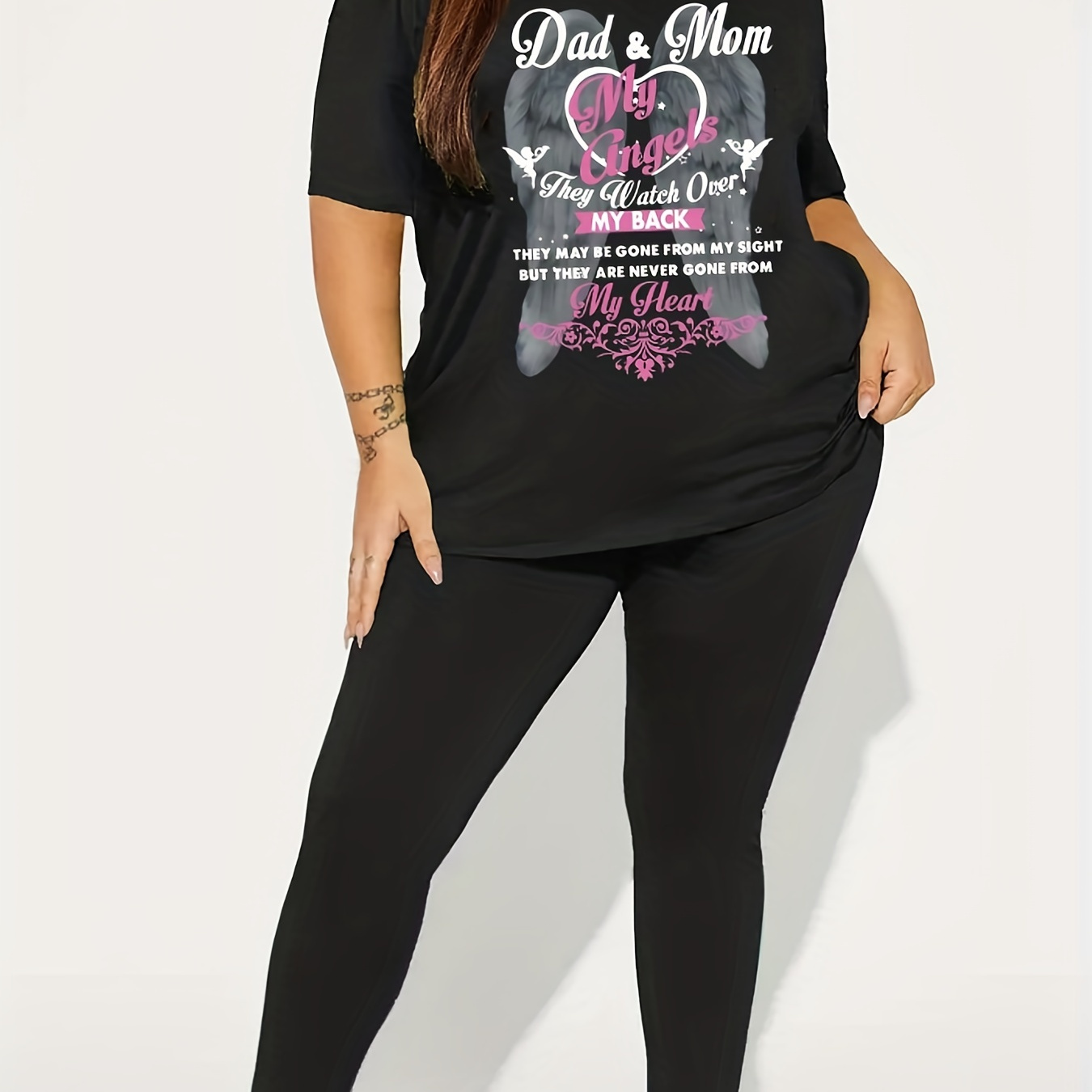 

Plus Size Casual Outfits 2 Piece Set, Women's Plus Graphic Print Short Sleeve Round Neck Tee & Leggings Outfits 2 Piece Set