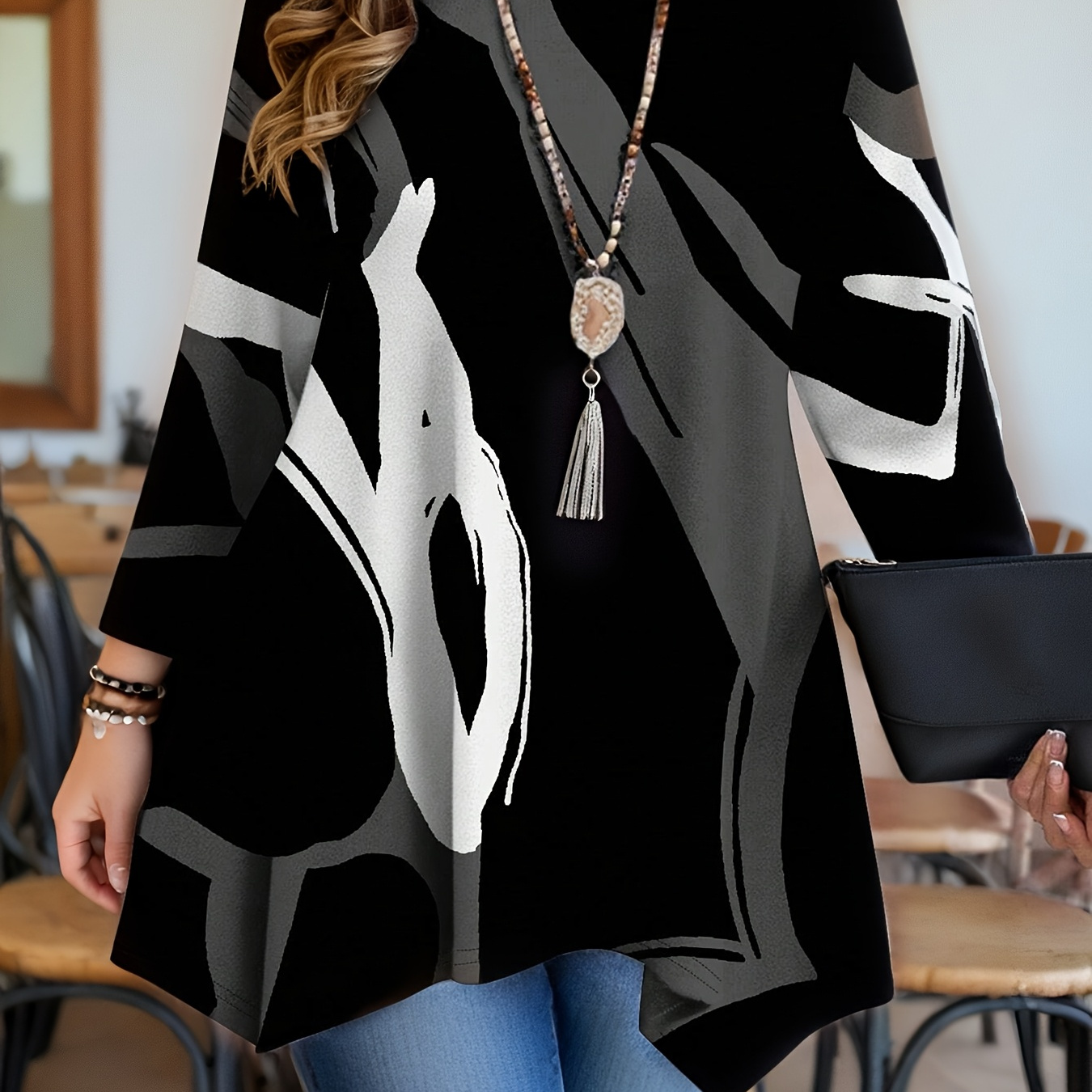 

Women's Plus Size Elegant Long Sleeve Abstract Print Tunic Top With Asymmetrical - Black, Red, White & Gray Geometric Pattern, Round Neck, Machine Washable, Polyester Blend, Ladies Tunic Tops