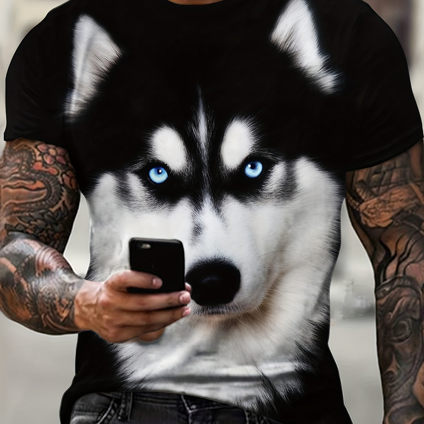 

Men's Husky Graphic Tee - Casual & Sporty, Stretch Polyester , Machine Washable, Round Neck Short Sleeve T-shirt