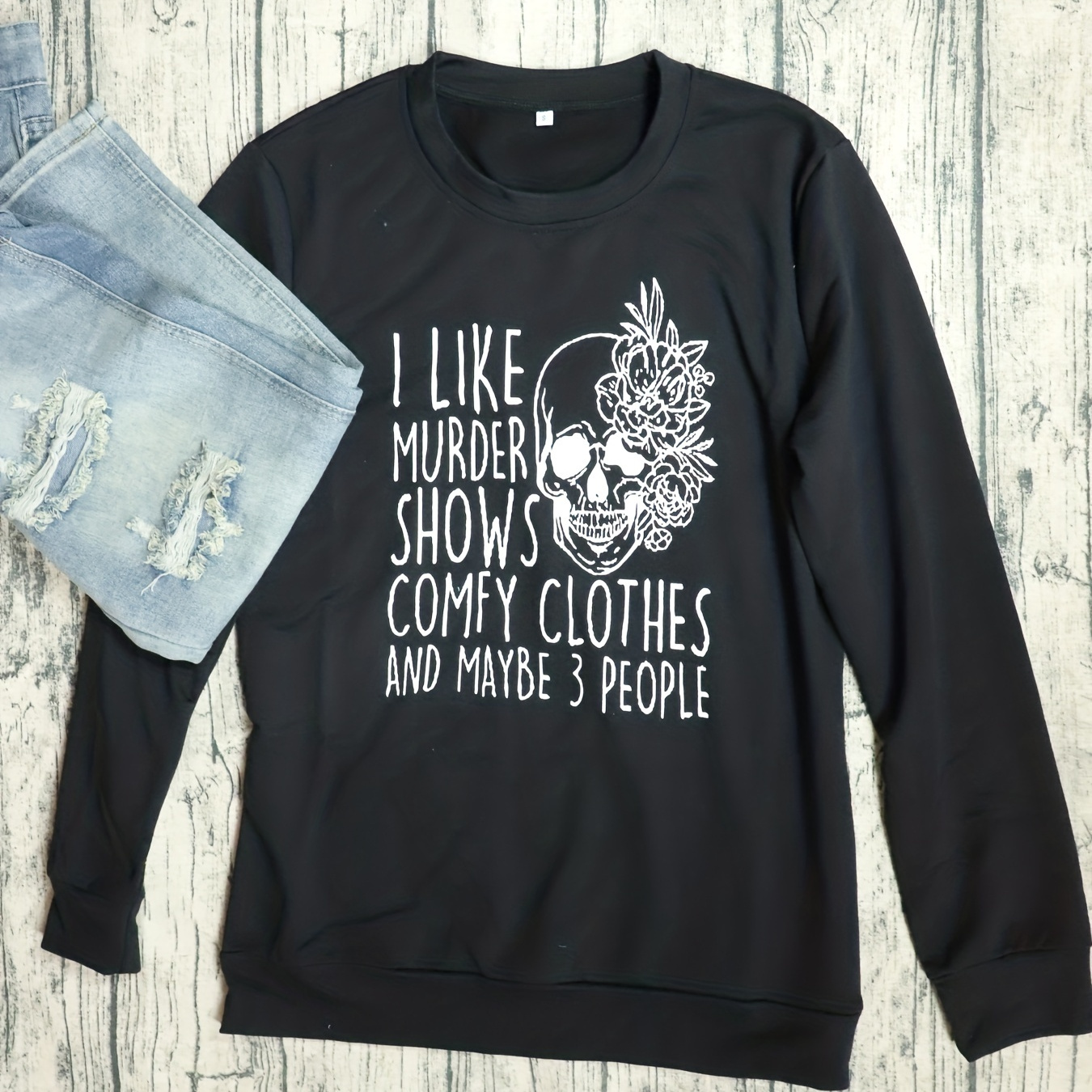 

Letter & Skull Print Pullover Sweatshirt, Casual Long Sleeve Crew Neck Sweatshirt For Spring & Fall, Women's Clothing