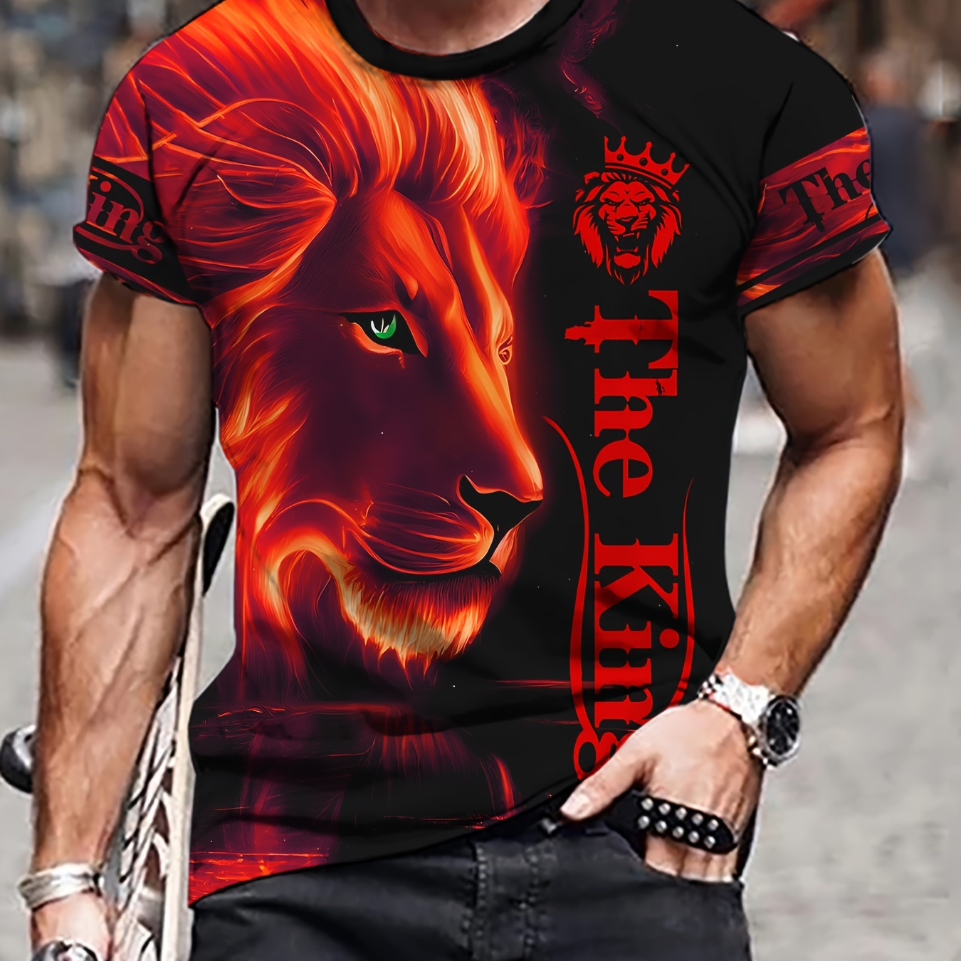 

Men's Lion Print T-shirt, Casual Short Sleeve Crew Neck Tee, Men's Clothing For Outdoor