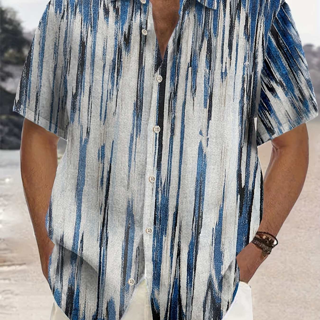 

Plus Size Lapel Mens Hawaiian Shirt Gradient Stripe Pattern Button Down Shirts, Top Blouse Shirts, Short Sleeve, Button Down Dress Shirts