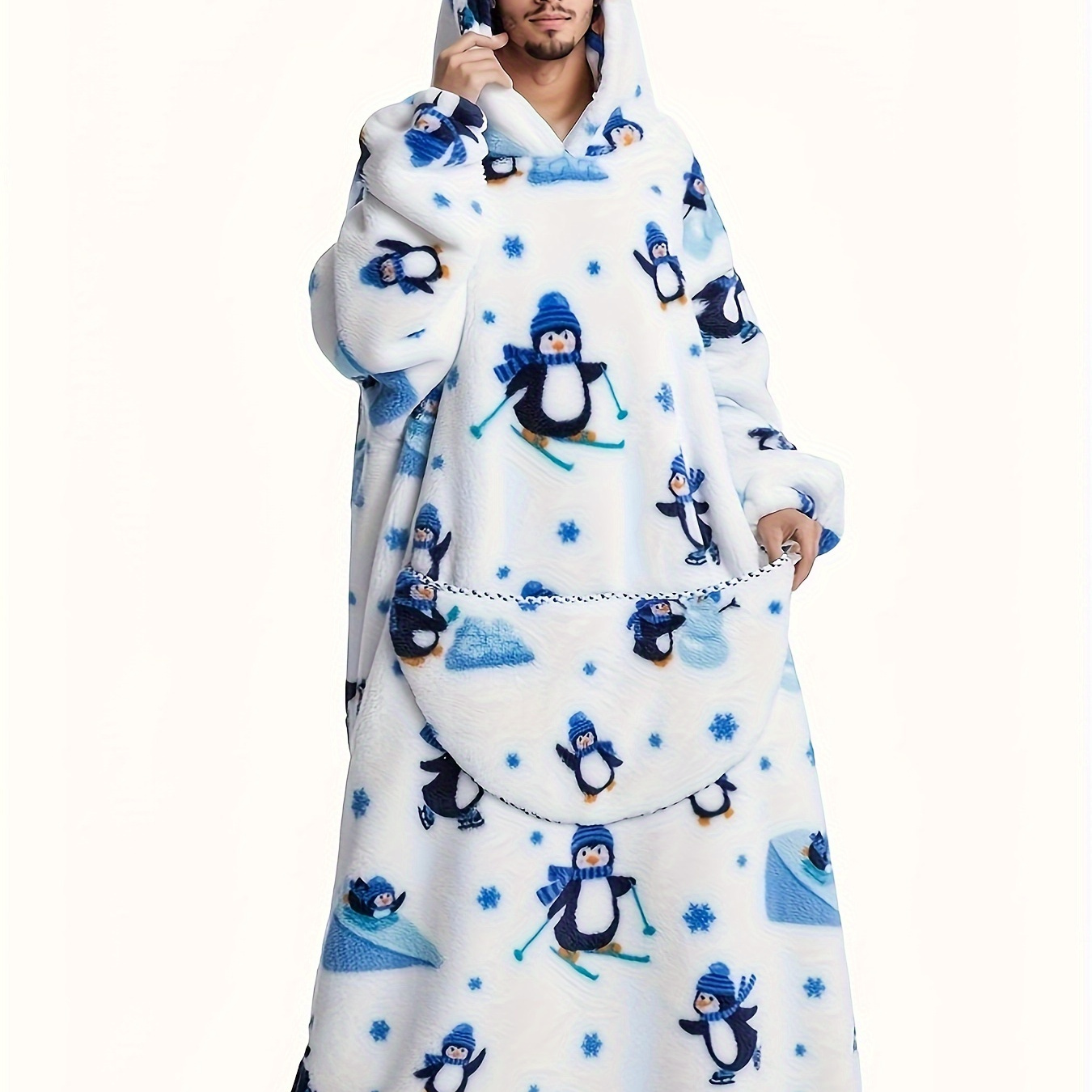 

Men's Casual Hooded Penguin Print Robe Set, Polyester Fleece Long Winter Sleepwear, Loose Fit, Stretch, With Large Pocket, For Fall/winter Cozy Loungewear Blanket Hoodie, Thick