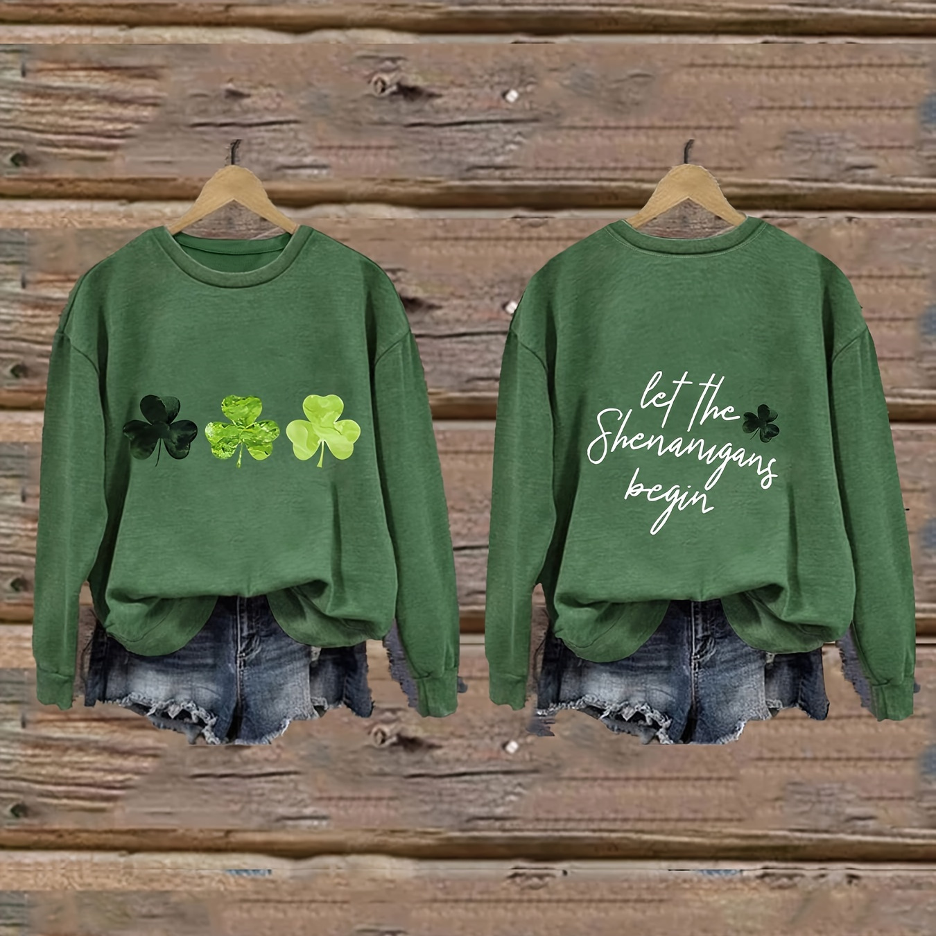 

Clover & Letter Print Sweatshirt, Casual Crew Neck Long Sleeve Sweatshirt, Women's Clothing, St. Patrick's Day