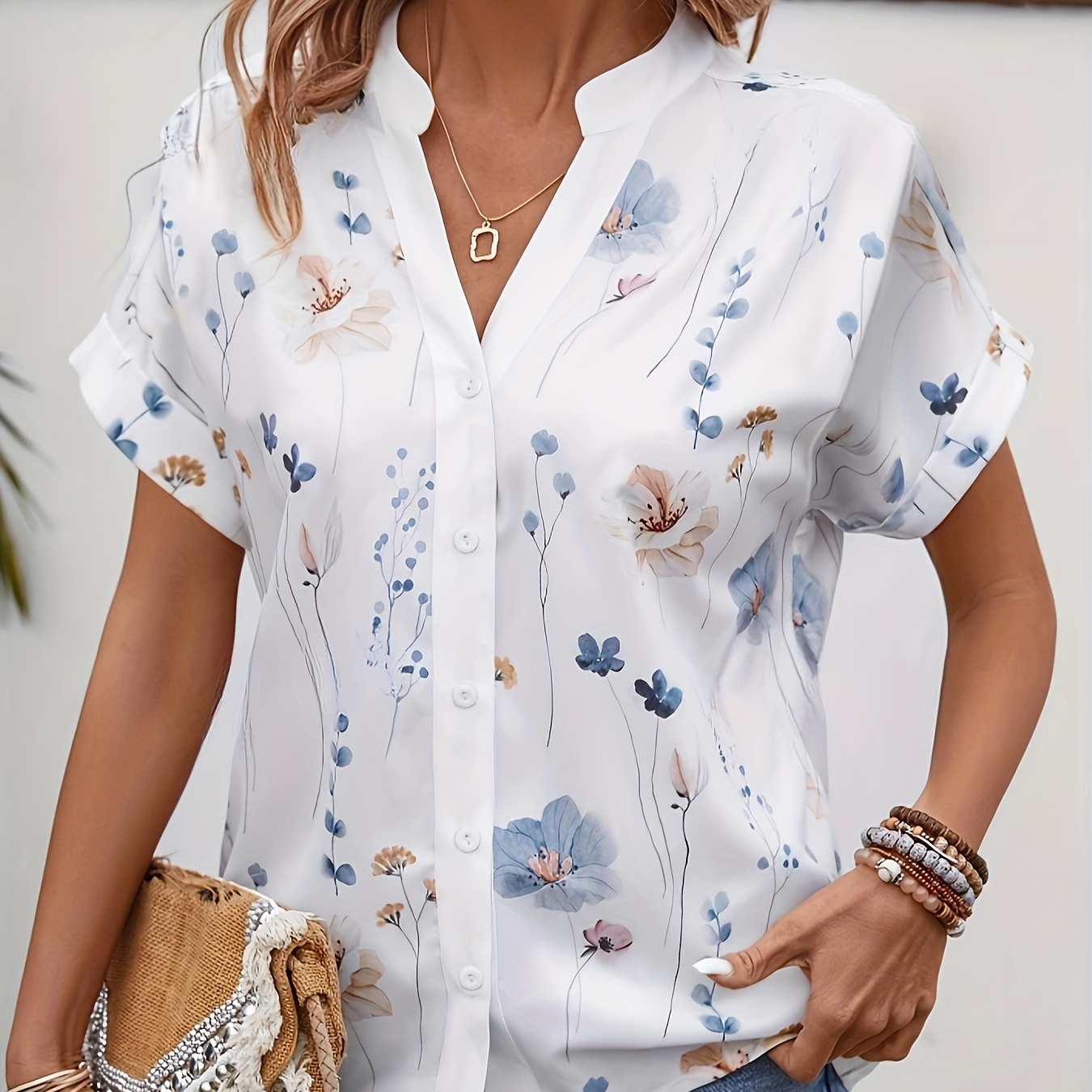 

Floral Print Button Front Blouse, Casual Short Sleeve Blouse For Spring & Summer, Women's Clothing