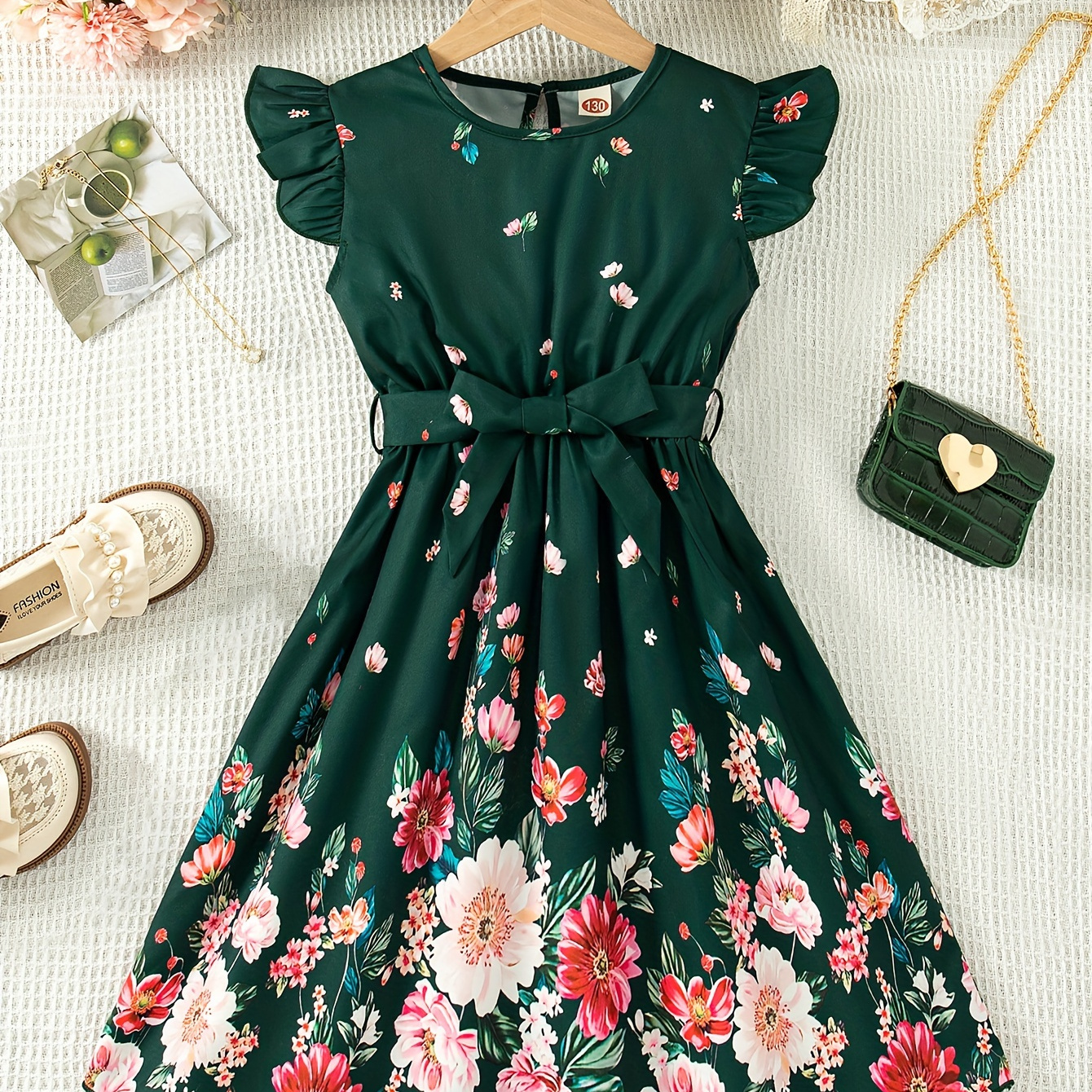 

Girl's Frill Sleeveless Flowers Pattern A-line Holiday Summer Midi Dress With Belt