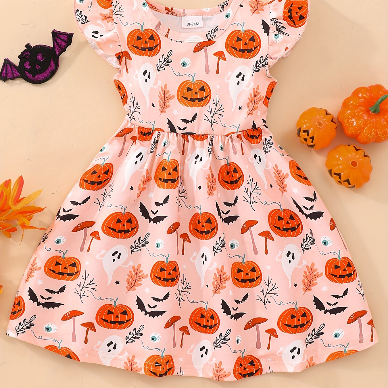 

Girls, Cartoon Pumpkin & Ghost Graphic Dress Flutter Trim For Summer, Party, Gift, Halloween, Girls' Clothing