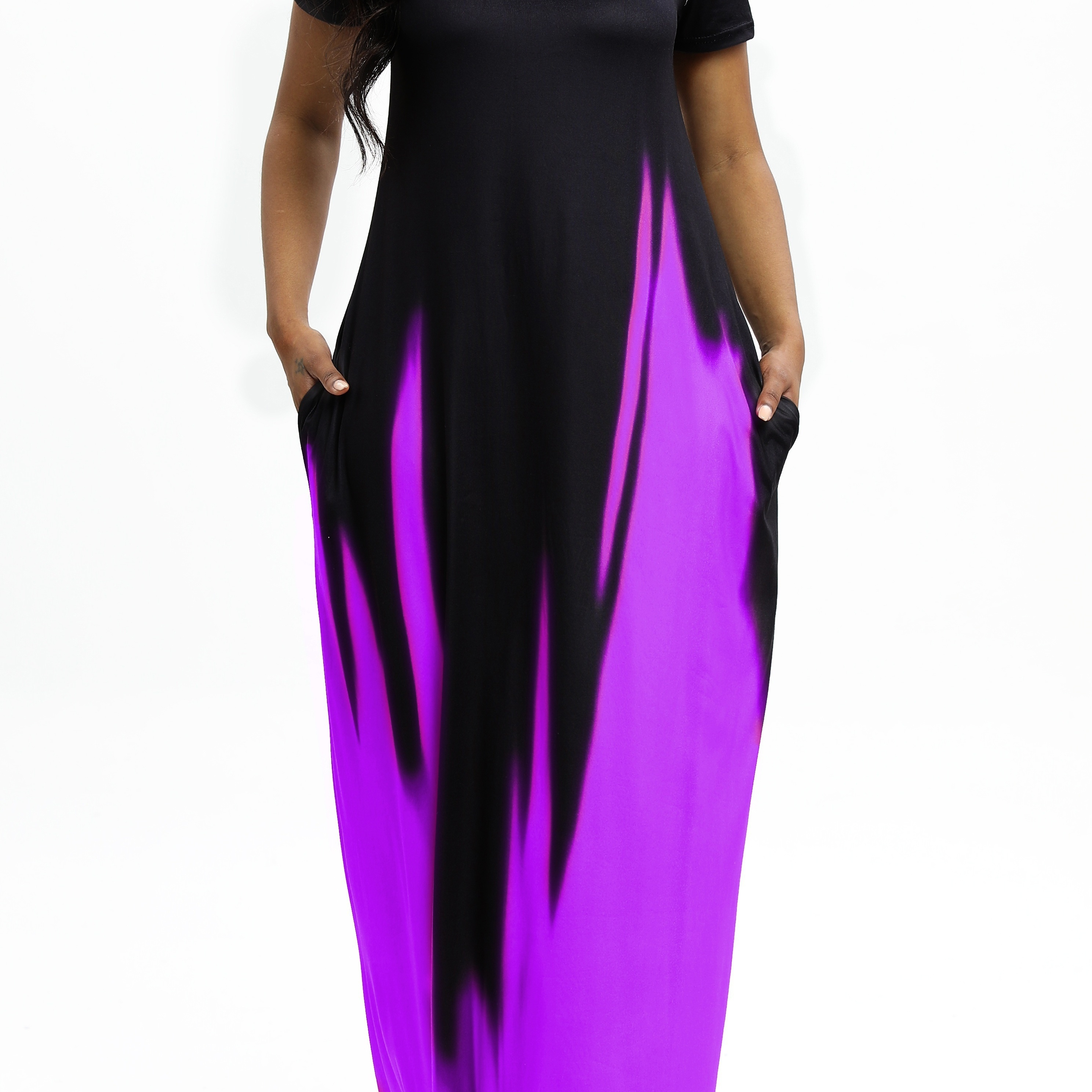 

Plus Size Casual Dress, Women's Plus Ombre Print Short Sleeve Round Neck Maxi Dress With Pockets