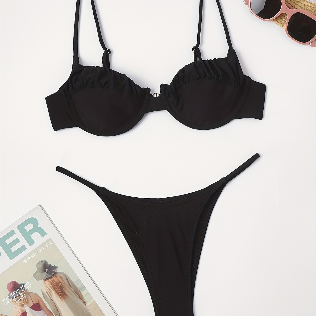

Ruched Solid Black Push Up 2-piece Set Bikini, V String Spaghetti Strap Stretchy Plain Swimsuit For Beach Pool Bathing, Women's Swimwear & Clothing
