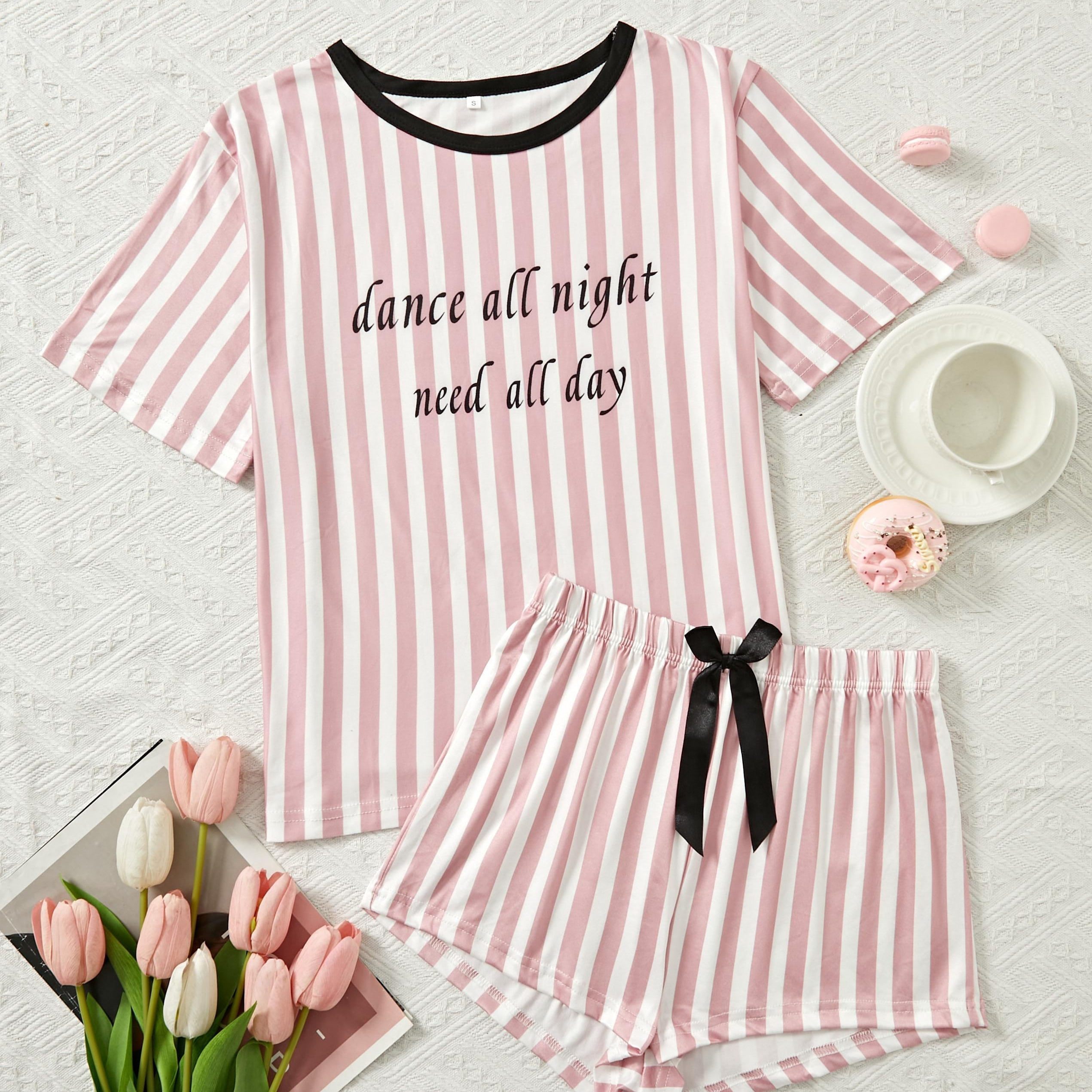 

Stripe & Slogan Print Pajama Set, Casual Short Sleeve Round Neck T-shirt & Bow Shorts, Women's Sleepwear