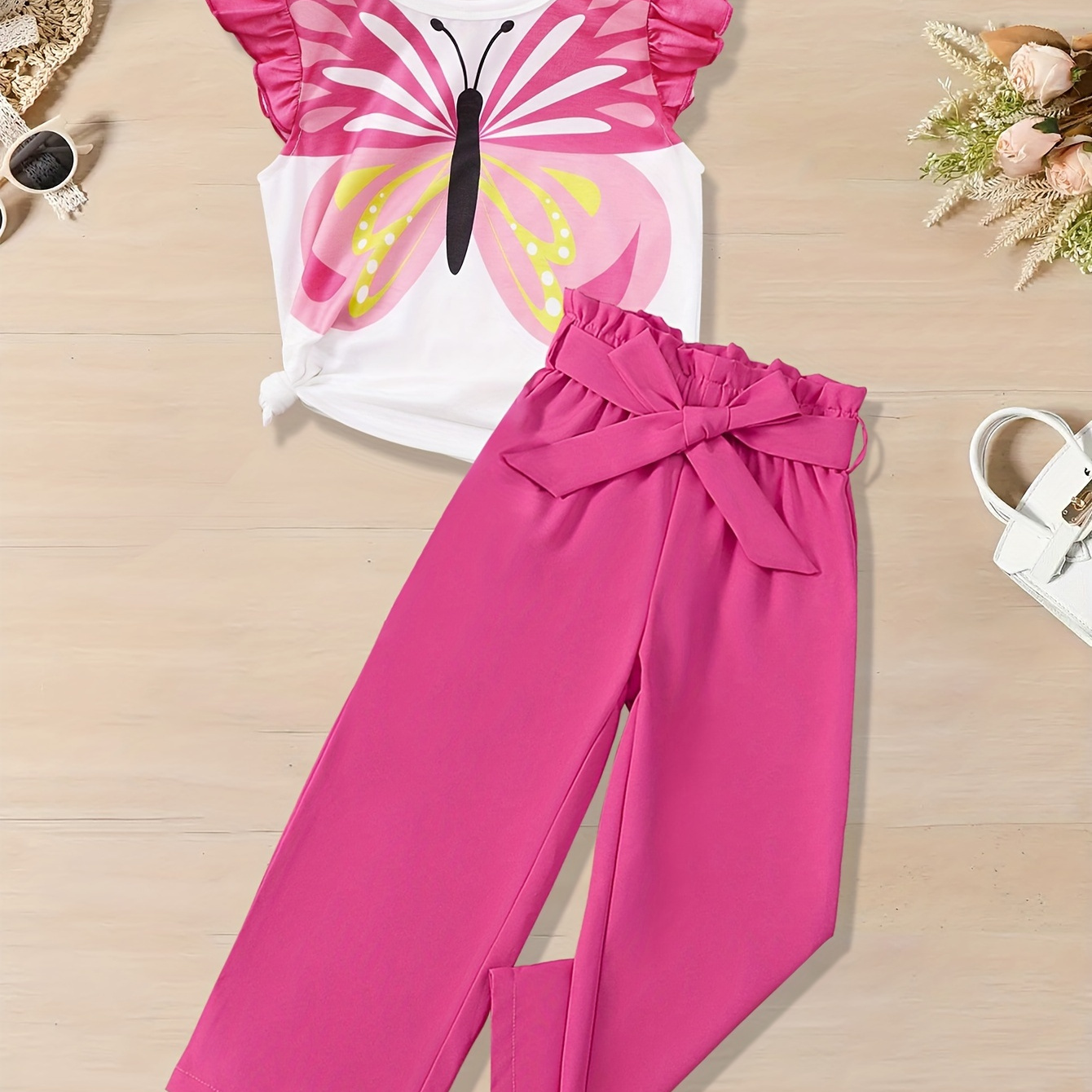 

Butterfly Pattern 2pcs/set Girls Ruffle Tee + Straight Pants Co-ords Set - Cute Fashion Girl's Spring/ Summer Outfit
