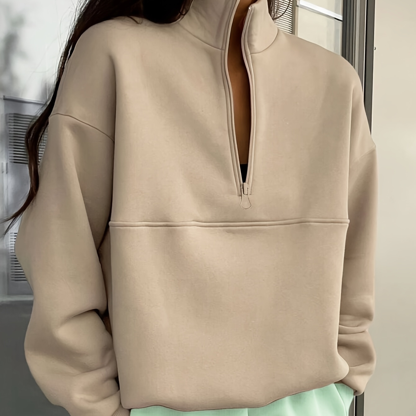 

Women's Casual Stand Collar Zipper Sweatshirt - 100% Polyester Long Sleeve Solid Color Pullover With Slight Stretch For Fall/winter