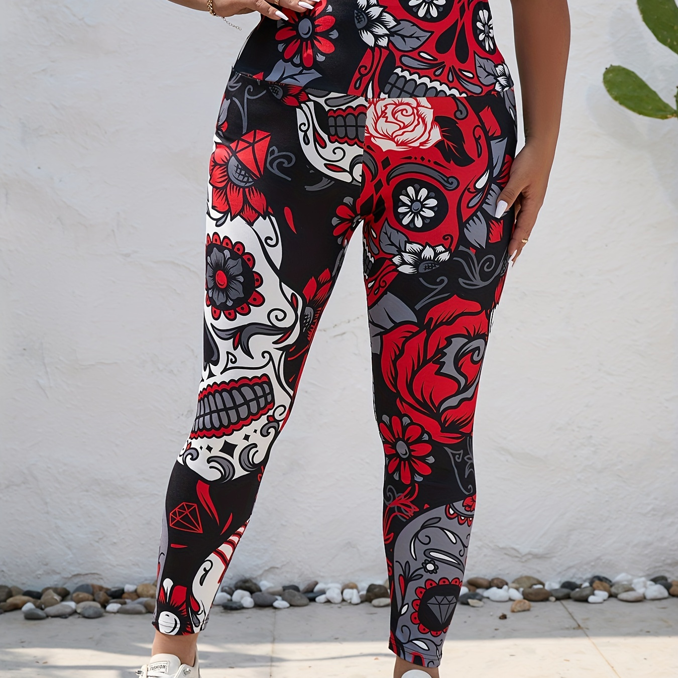 Plus Size Casual Leggings, Women's Plus Skull Print High Rise Stretchy Skinny Fitness Leggings