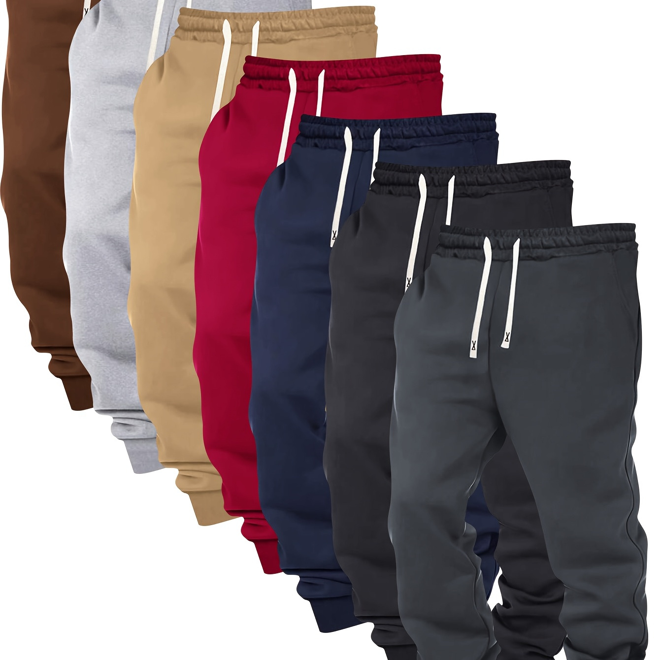 

7pcs Men's Regular Fit Joggers In Solid Colors With Drawstring & Pockets - Polyester, Ideal For Fall/winter Outdoor Activities, Running & Workouts