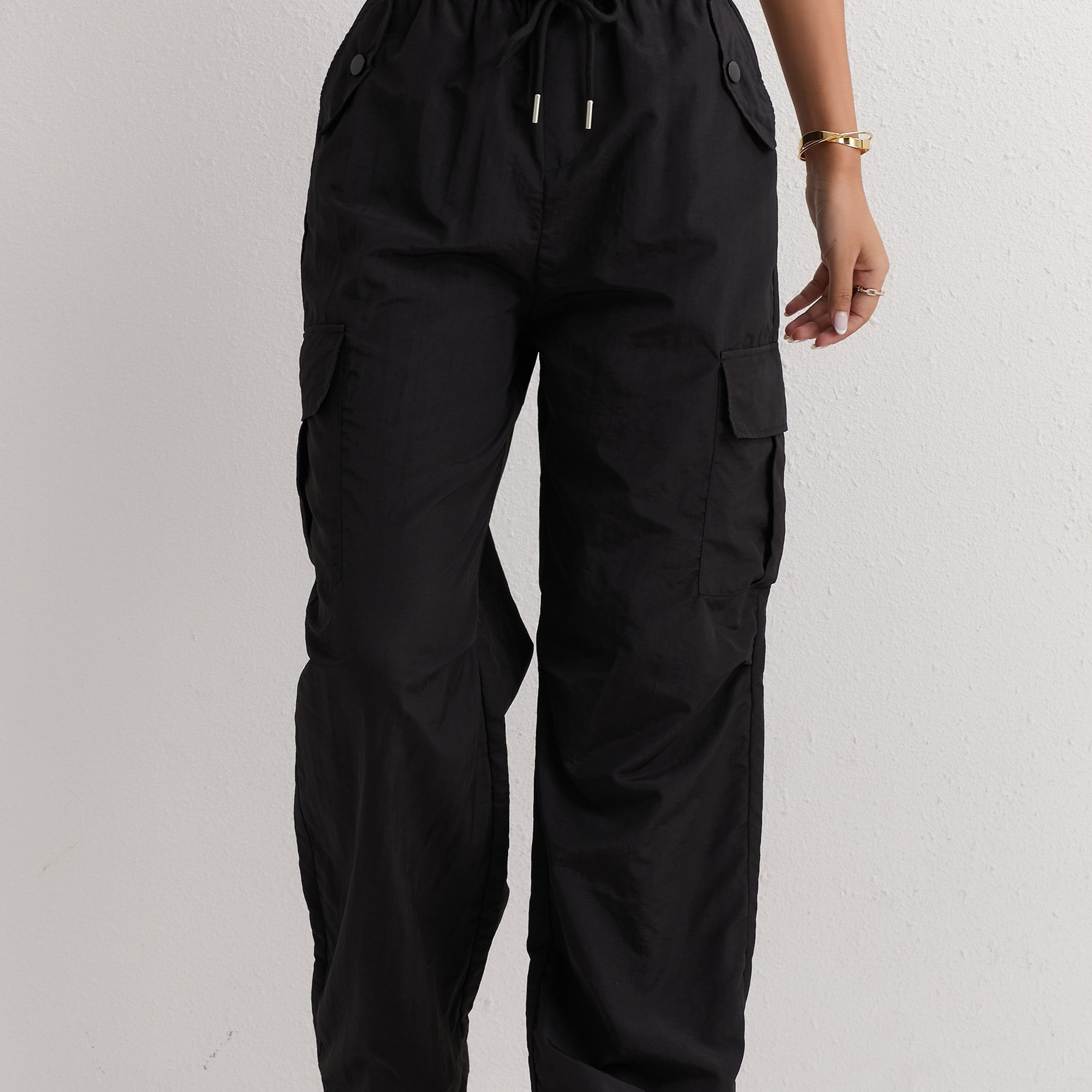

Flap Pockets Wide Leg Cargo Pants, Casual Drawstring Waist Loose Pants For Spring & Summer, Women's Clothing