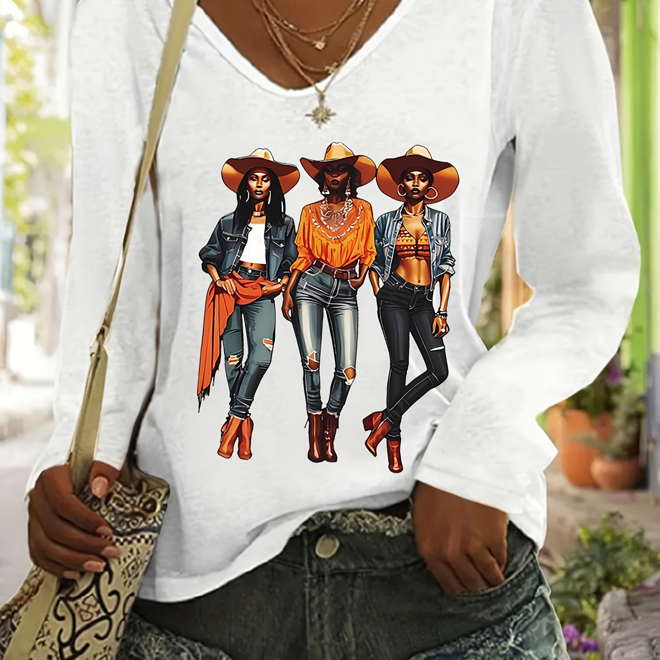 

Cowgirl Print T-shirt, Long Sleeve V Neck Casual Top For Spring & Fall, Women's Clothing