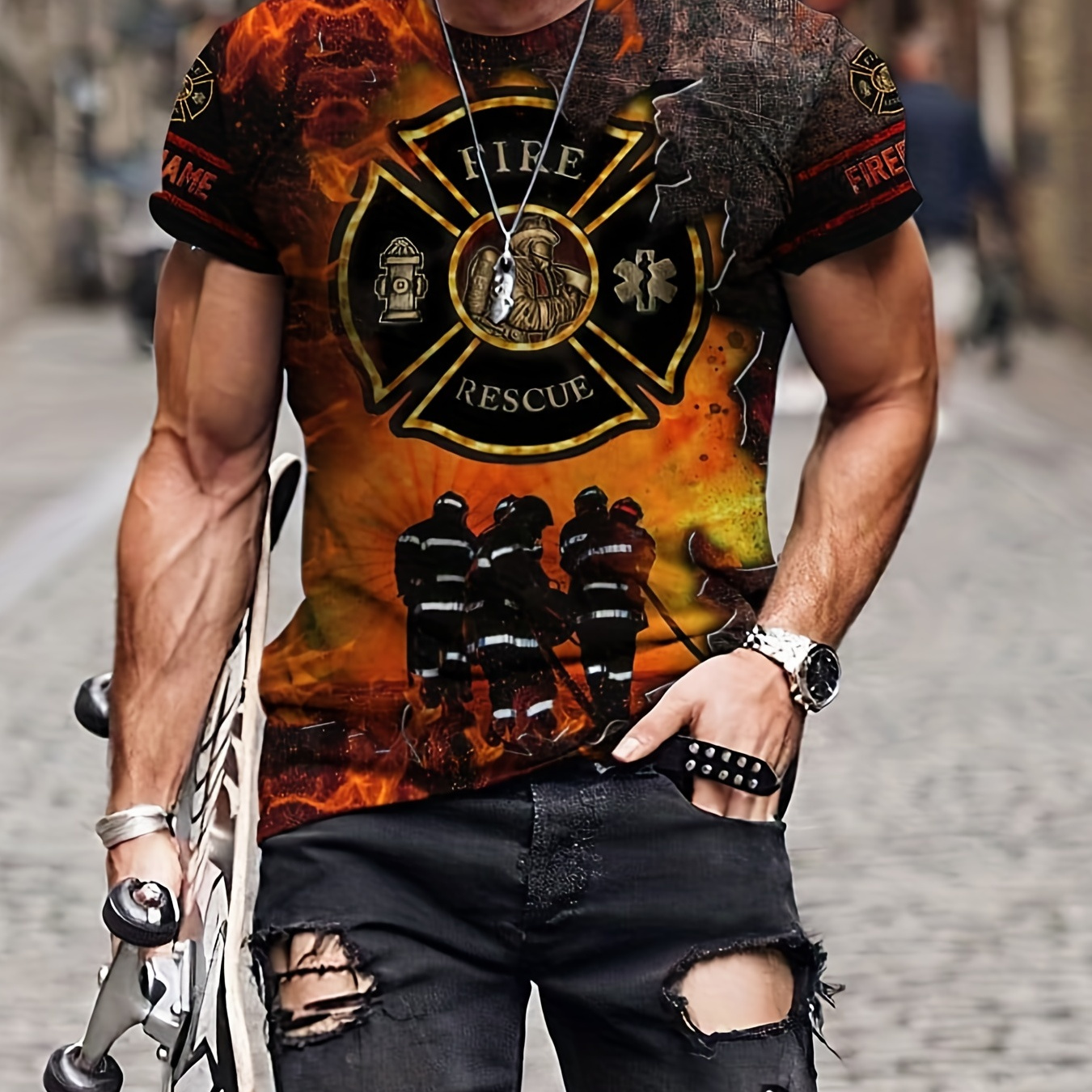 

Men's Casual Fashion Firemen 3d Print Short Sleeve T-shirt, Round Neck Slim Fit Graphic Tee Pajamas Top Loungewear Tops