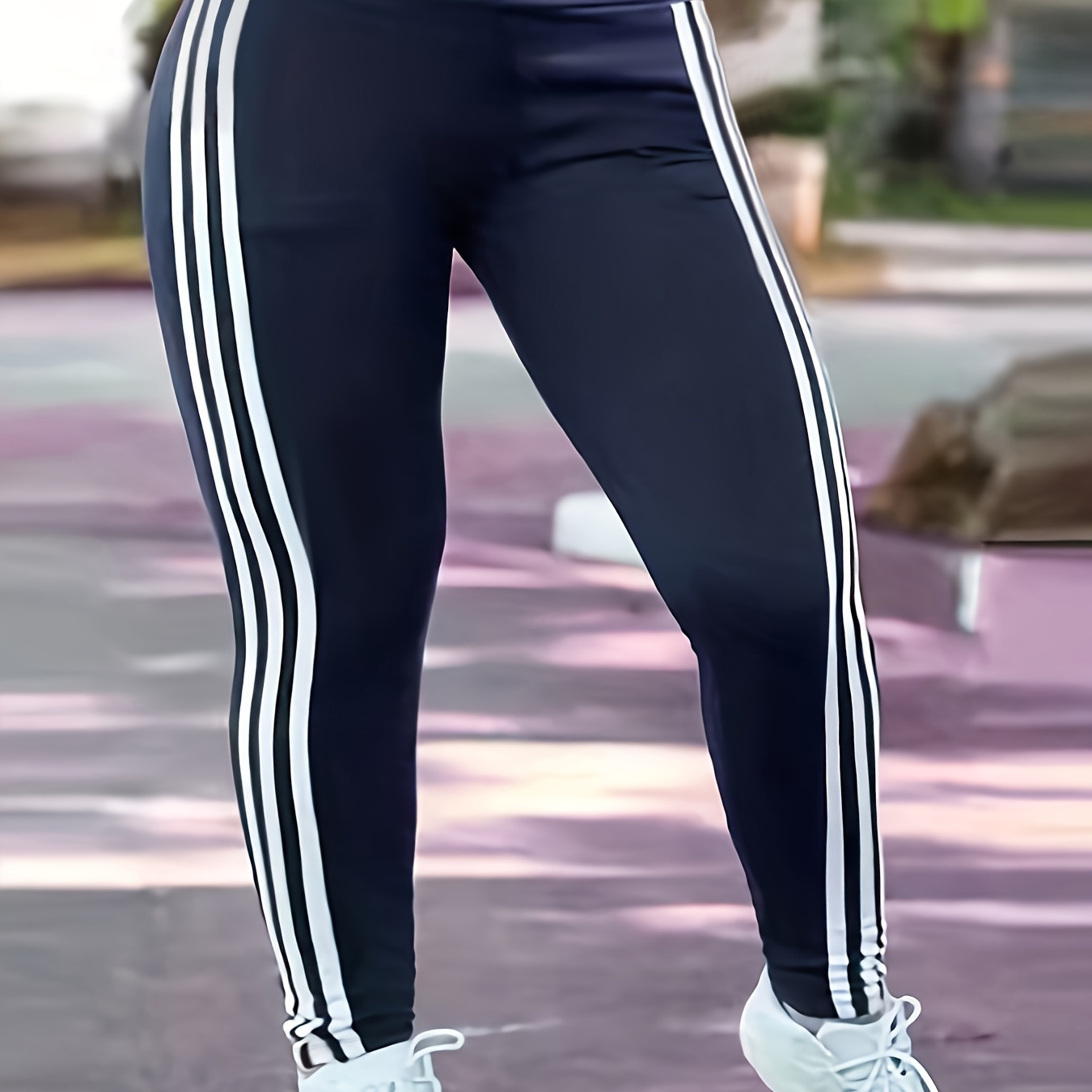 

Plus Size Striped Side Skinny Leggings, Casual High Waist Stretchy Leggings For Spring & Summer, Women's Plus Size Clothing