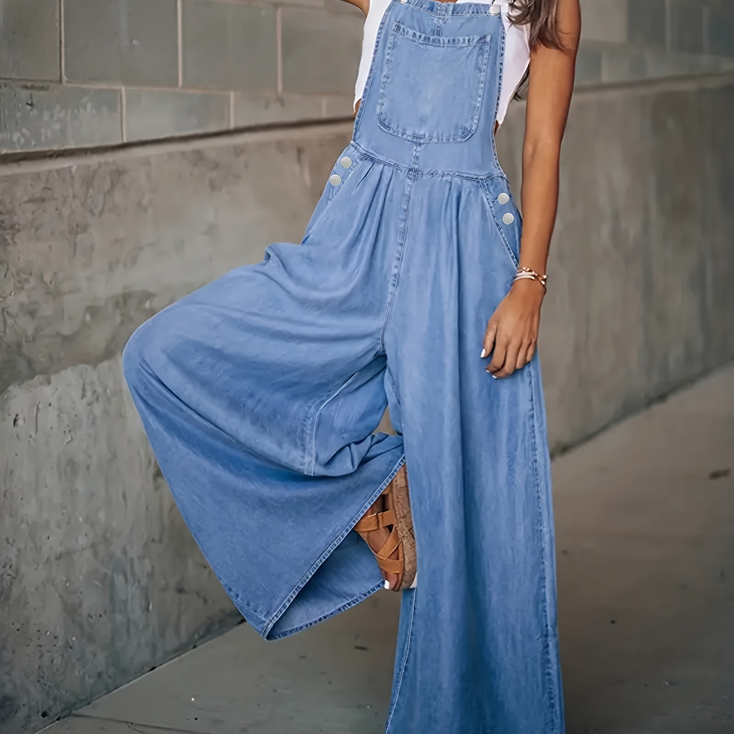 

Women's Casual Wide Leg Denim Overalls, Lightweight Washed Dungarees With Loose Fit, Adjustable Straps, Fashion Jumpsuit For Fall
