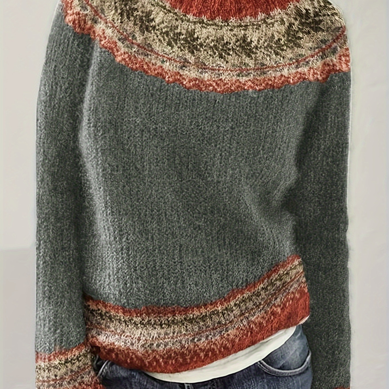 

Crew Neck Faire Isle Sweater, Casual Long Sleeve Sweater For Fall & Winter, Women's Clothing