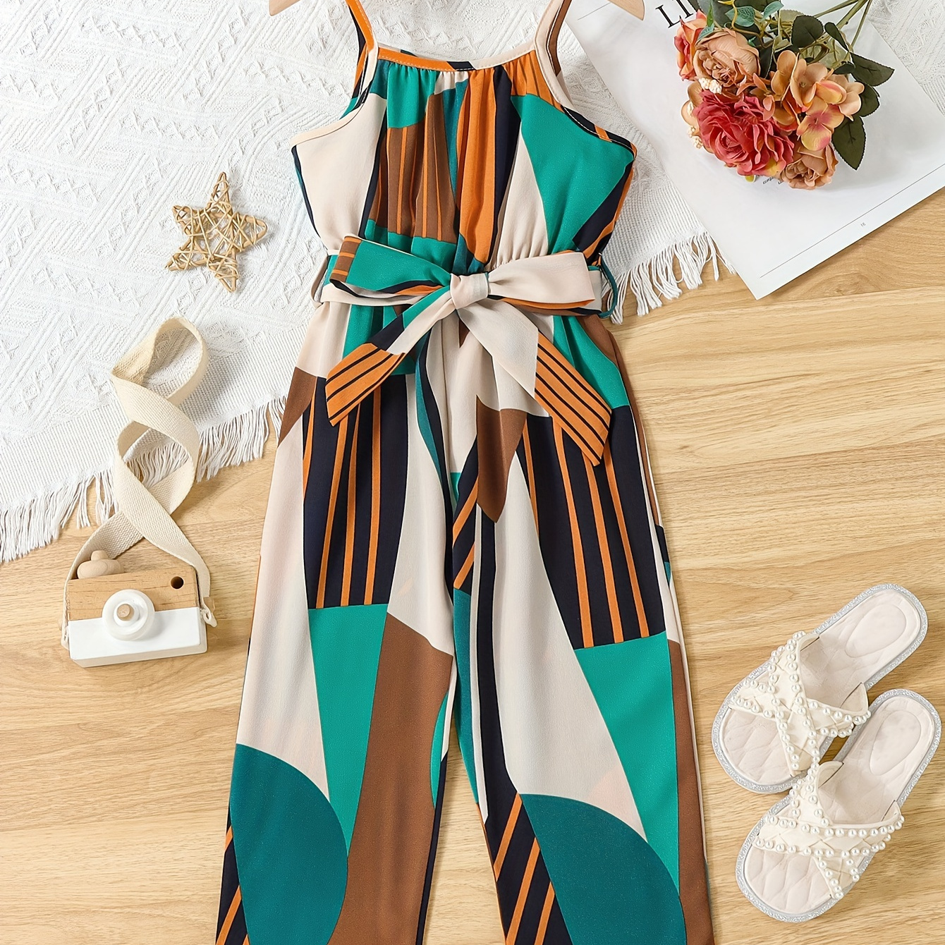 

Boho Style Strapped Cami Jumpsuit, Elegant Girl's Romper For Summer Holiday Gift Party