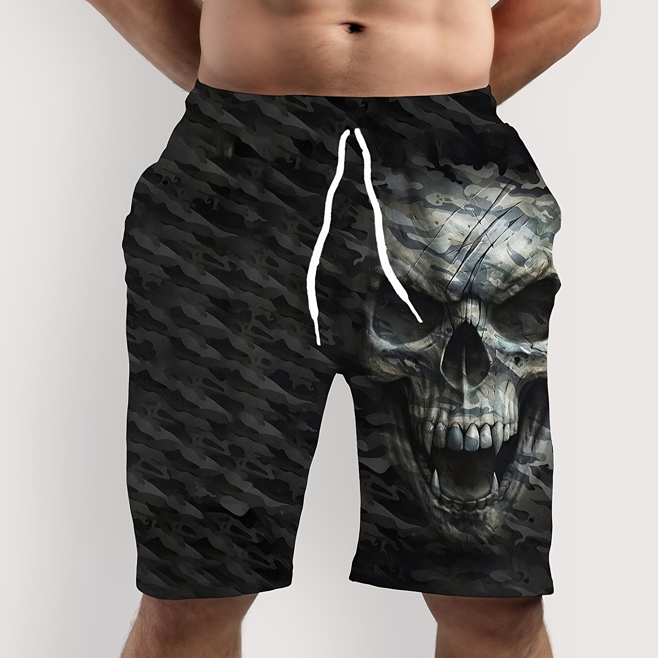 

Men's 3d Digital Skull And Stripe Pattern Casual Shorts With Drawstring And Pockets, Novel And Cool Shorts Suitable For Summer Beach And Sports Wear