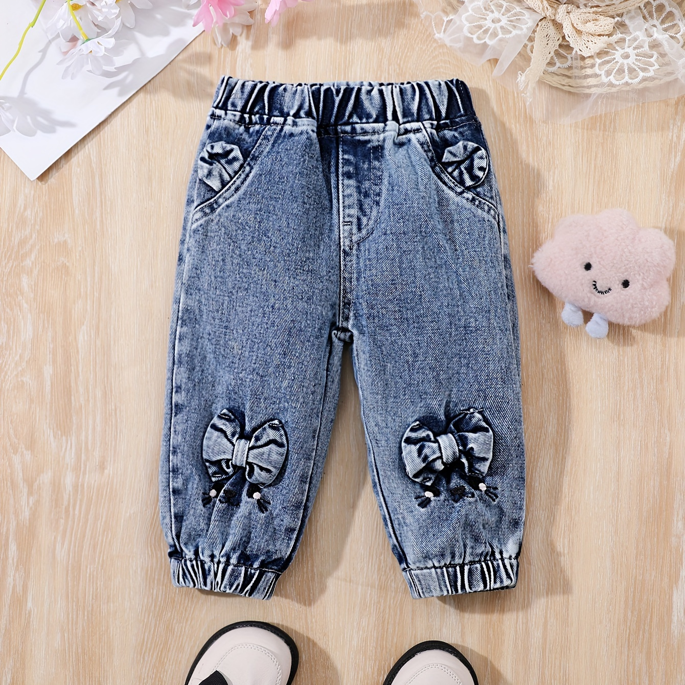 

Baby's Bowknot Decor Rabbit Embroidery Jeans, Casual Denim Pants, Infant & Toddler Girl's Clothing