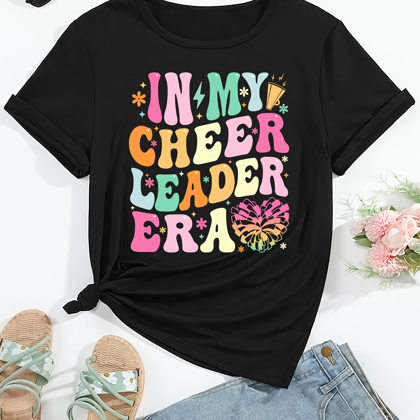 

Women's Vintage Casual Tee, "in My Cheerleader Era" Creative Print Short Sleeve T-shirt, Comfortable Summer Top