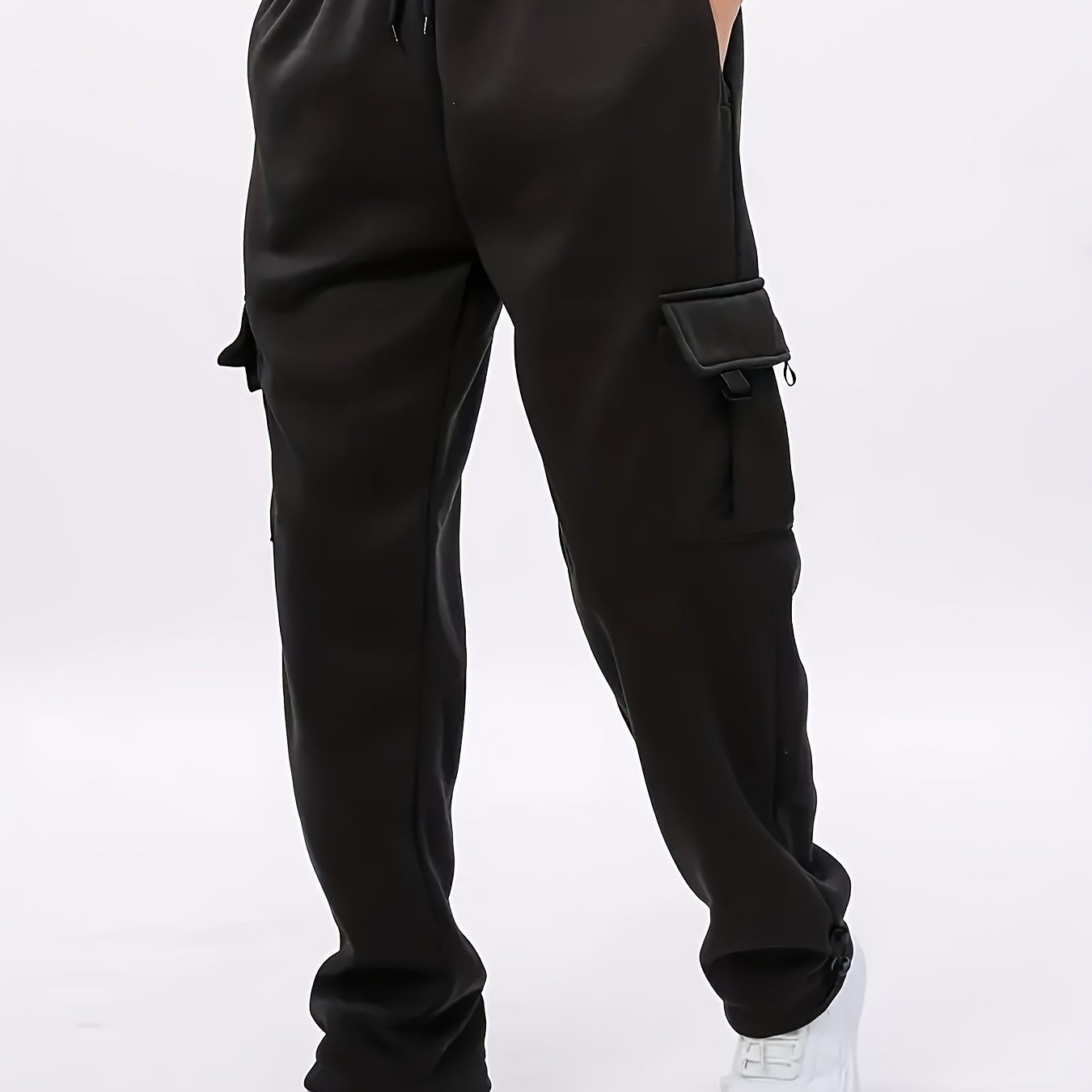 

220g Work-style Sweatpants, Casual Men's Drawstring Waist Solid Color Loose-fitting Multi- Long Trousers.