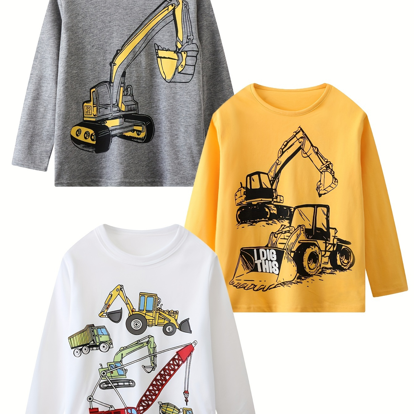 

3 Piece Combination Boys Long Sleeved T-shirt Cotton Comfortable Casual Cartoon Excavator Pattern Random Printing T-shirt Top 1-7y