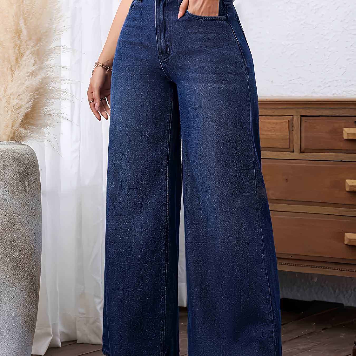 

Women's Wide Leg Jeans, Cotton Blend Fabric, Elegant Style, Machine Washable, No Stretch, Four-season Wear, Zipper Fly, Flat Weave, Solid Color, Hansuman Brand