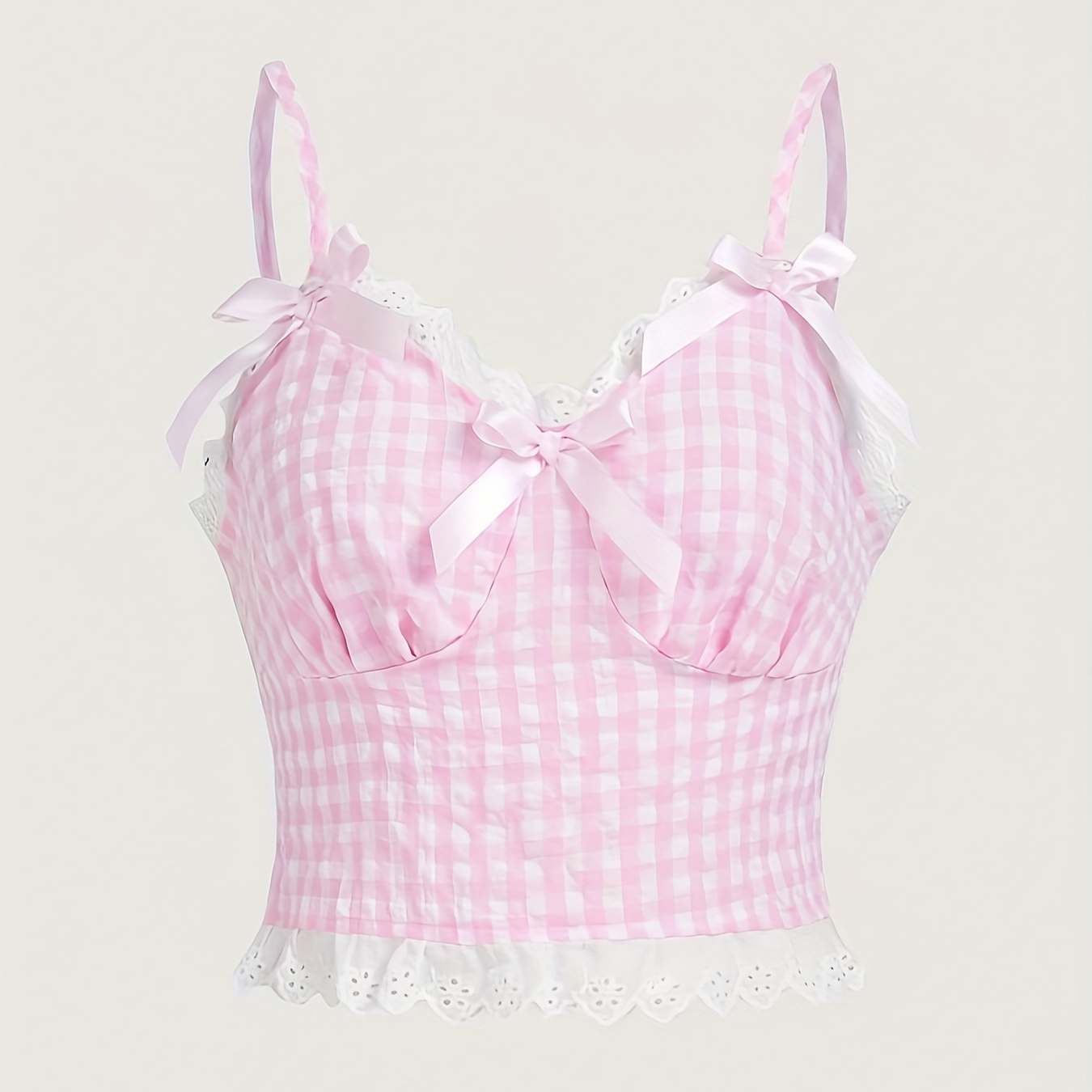 

Girls' Fashion Checkered Camisole Top With Lace Trim And Bow Accents, Non-stretch, Adjustable Tie Straps, Casual Style Summer Tank