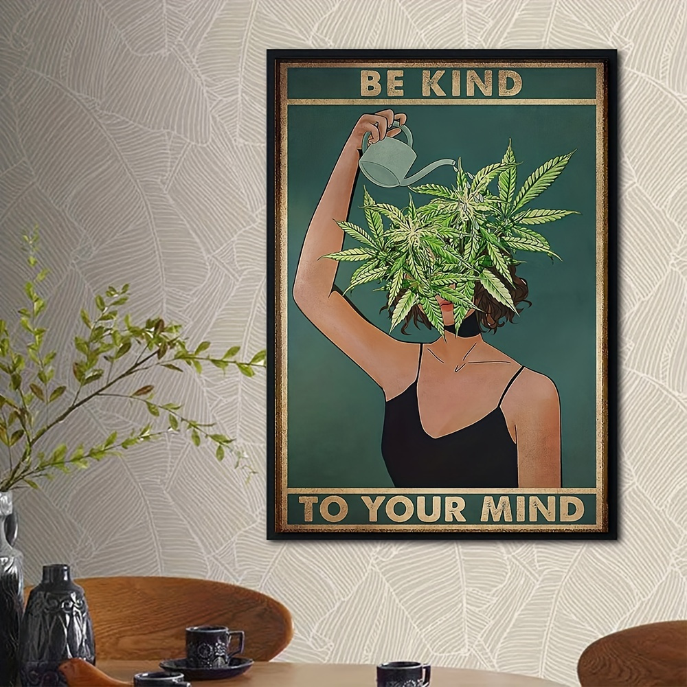 1pc Pot Head Vintage Tin Sign Be Kind To Your Mind Poster Plaque Decor Vintage Art Marijuana Pot Head Weed Wall Sign Mental Health Decor For Cafe Bar Club Pub Garden Home Wall Decor, No Frame