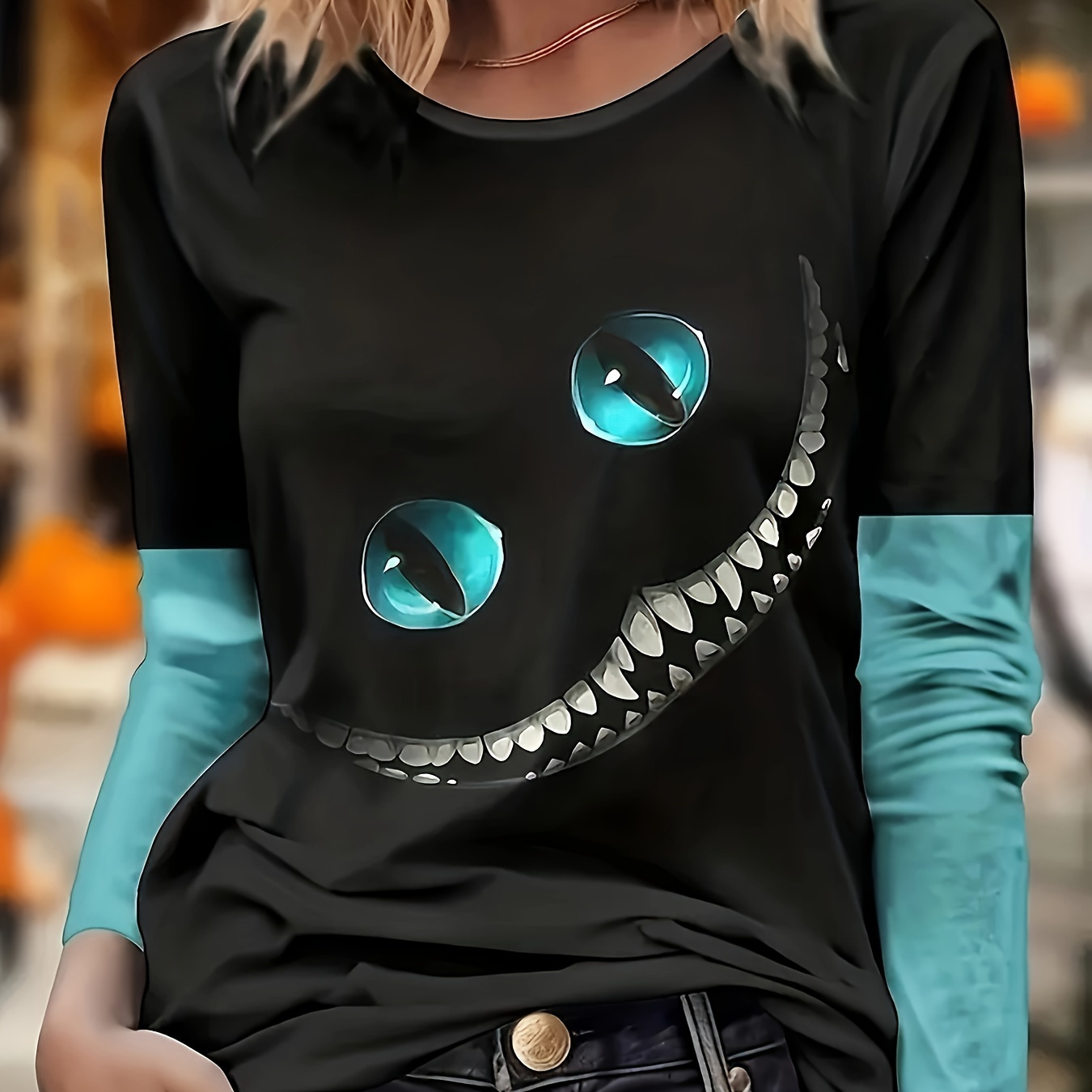 

Smiling Face Print Long Sleeve T-shirt, Casual Color Block Crew Neck Top For Spring & Fall, Women's Clothing