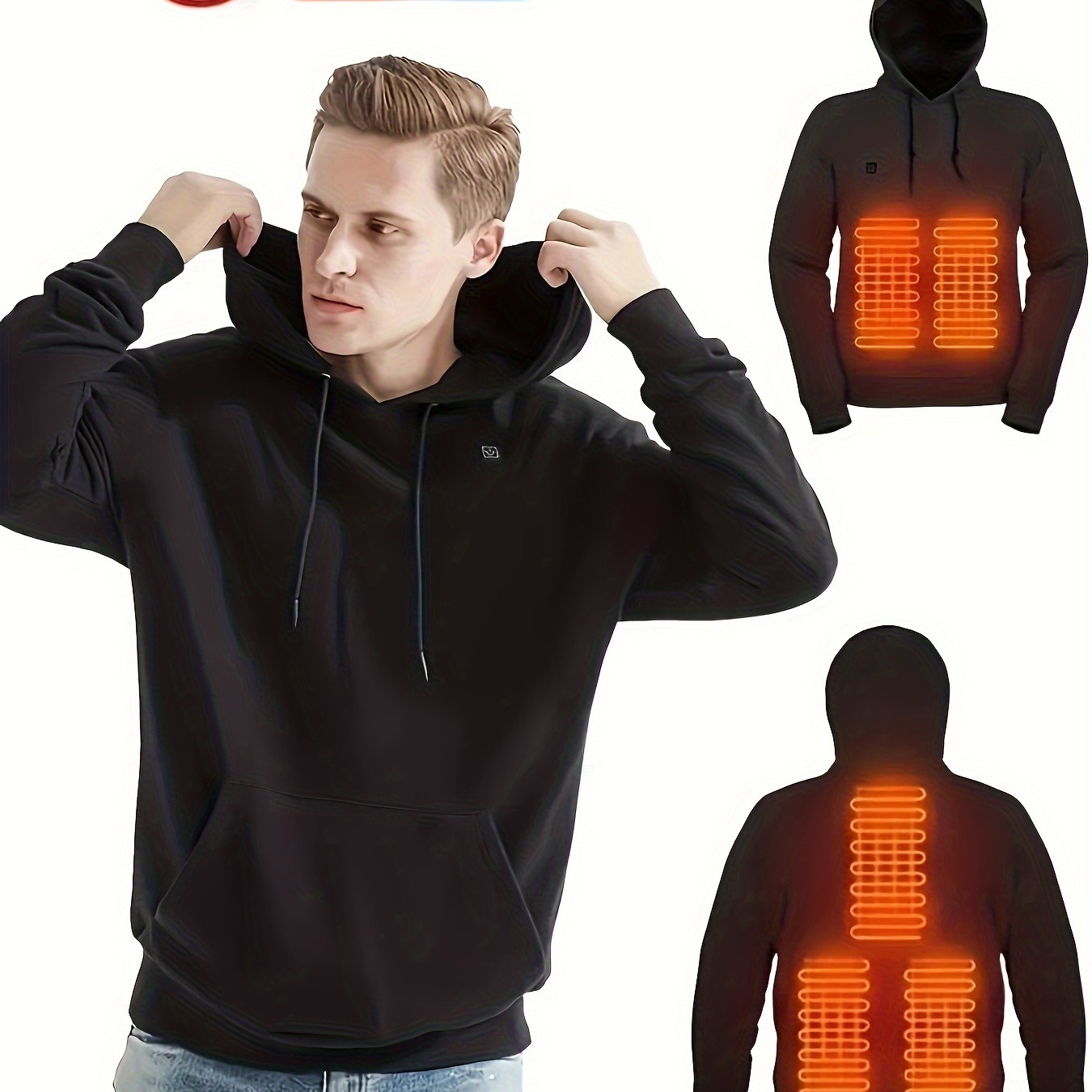 

Usb Hoodie - Casual Black Polyester Sweatshirt With Glowing Orange Led Numbers, Long Sleeves, And Front Pocket For Fall/winter Outdoor Activities