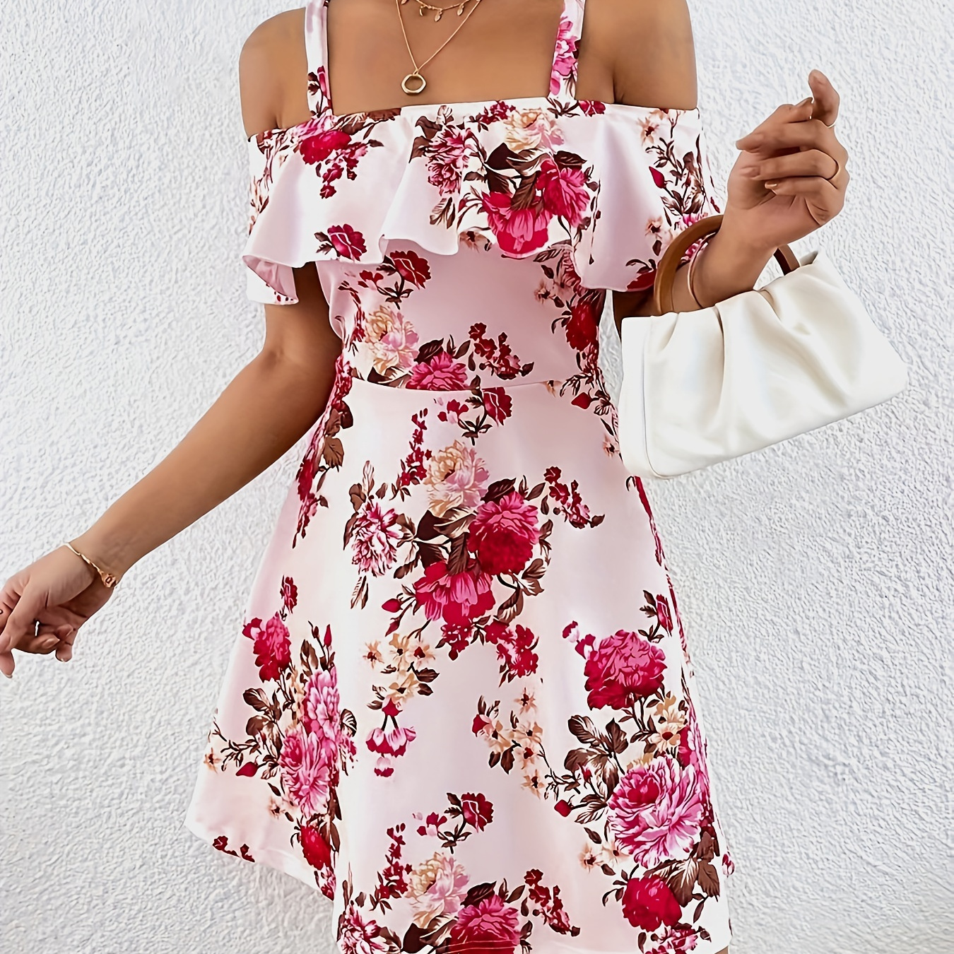 

Floral Print Cold Shoulder Dress, Elegant Ruffle Dress For Spring & Summer, Women's Clothing