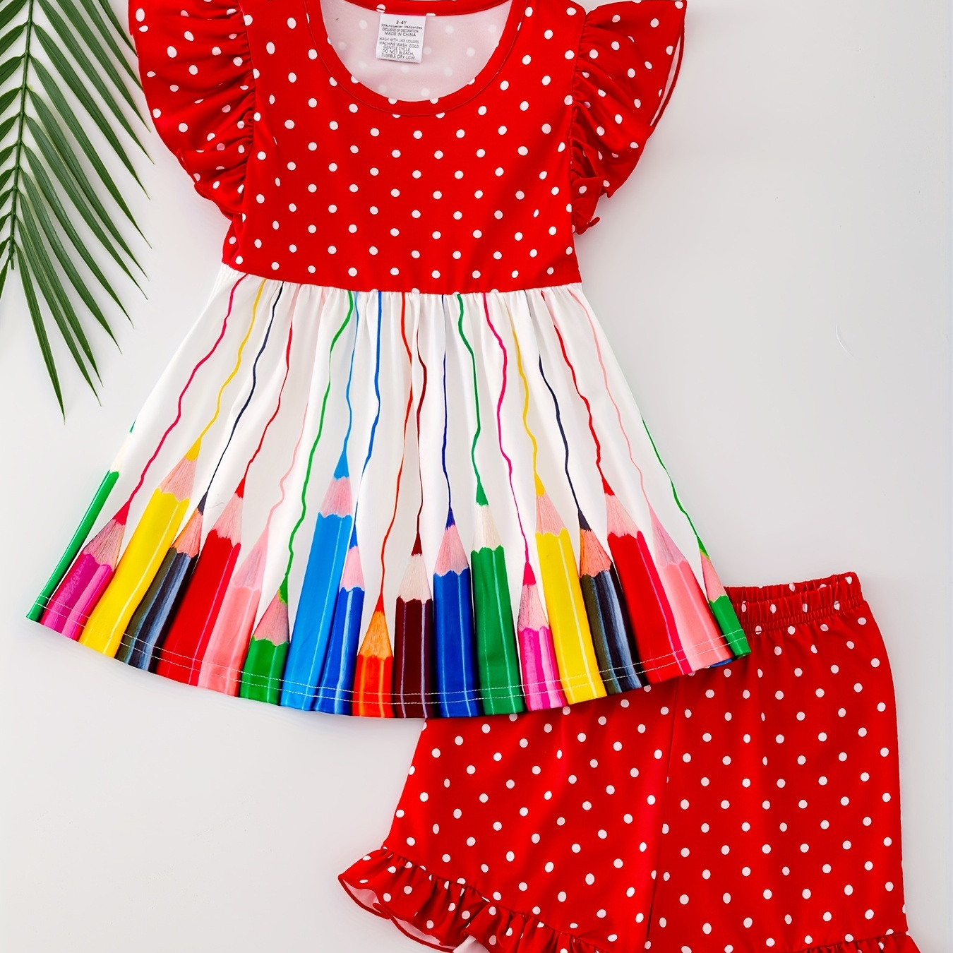 

2pcs, Splicing Dot And Colorful Pencil Pattern Flutter Sleeve Tunic + Frill Trim Shorts Set For Girls, Casual And Trendy Holiday Set Summer Gift, Girls' Clothing