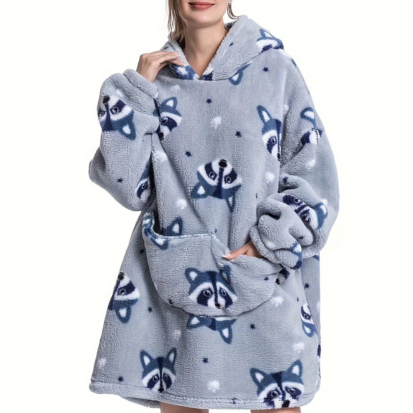 Cartoon Animal Print Lounge Robe, Long Sleeve Hooded Fuzzy Lounge Robe With Pockets, Women's Loungewear & Sleepwear