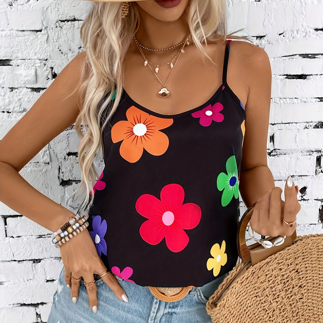 

Floral Print Spaghetti Strap Top, Elegant Sleeveless Cami Top For Spring & Summer, Women's Clothing
