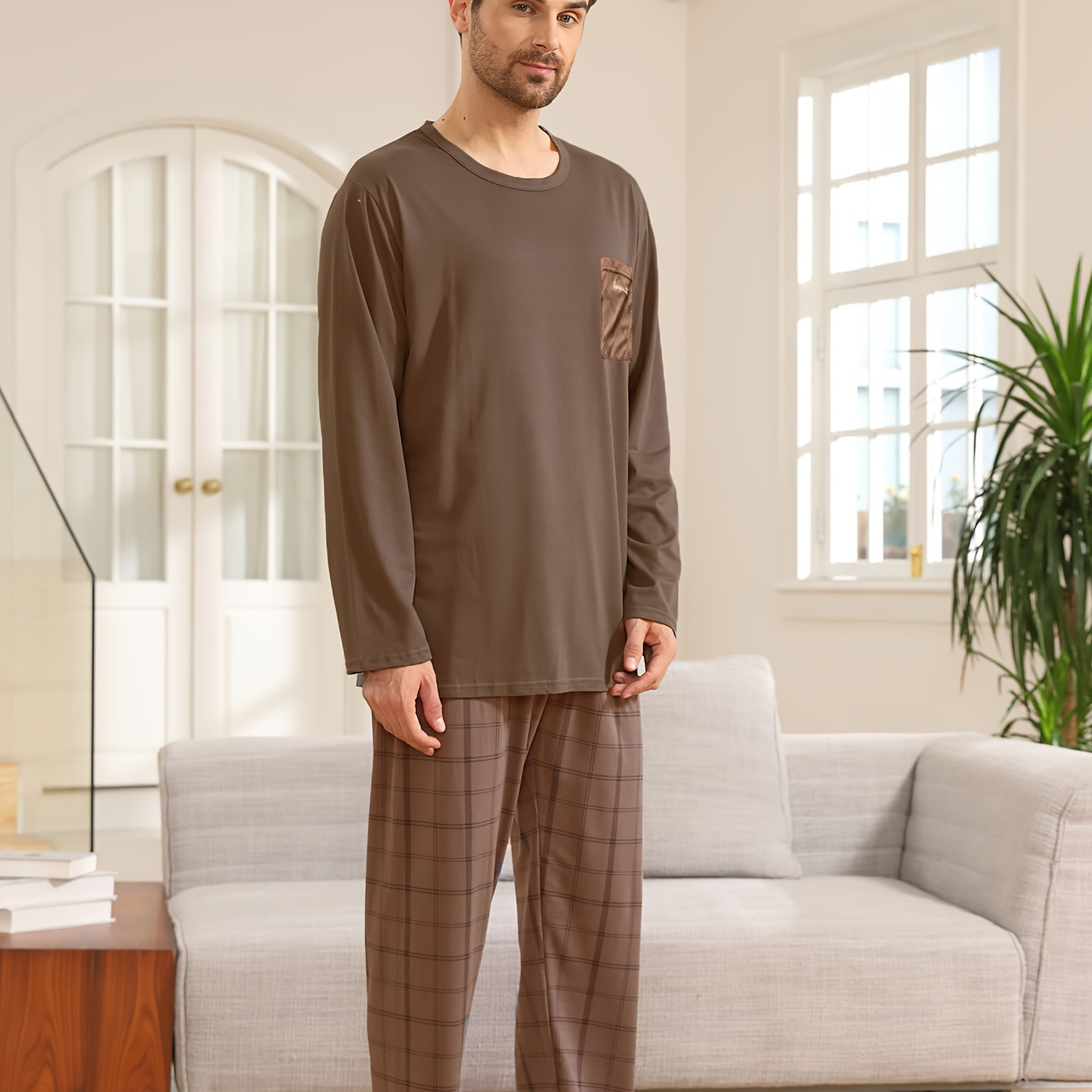 

Men's Casual Pajama Set Long Sleeve Crew Neck Shirt With Pocket & Matching Pants, Polyester Elastane Knit Fabric, Slight Stretch, Sleepwear For Spring/fall