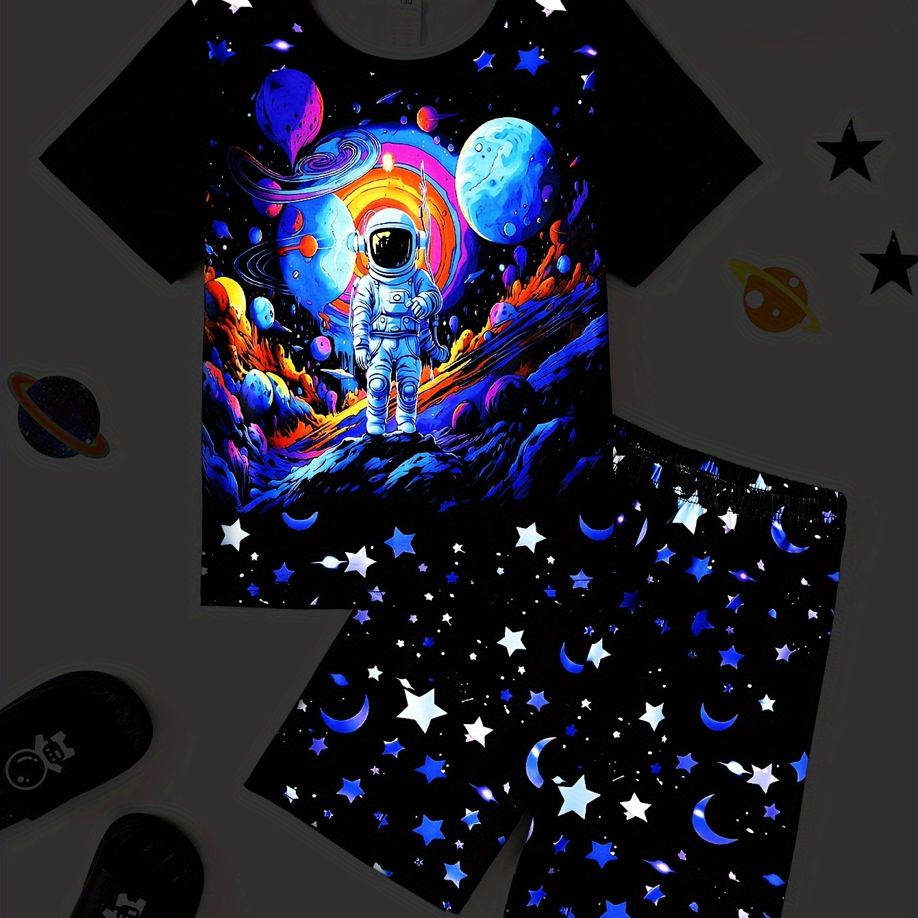 

2 Pcs Boy's Luminous Spaceman Colorful Planet Pattern Short T-shirts & Shorts Pajama Set, Comfortable & Skin-friendly Style Pajamas For Boy's Cozy Loungewear