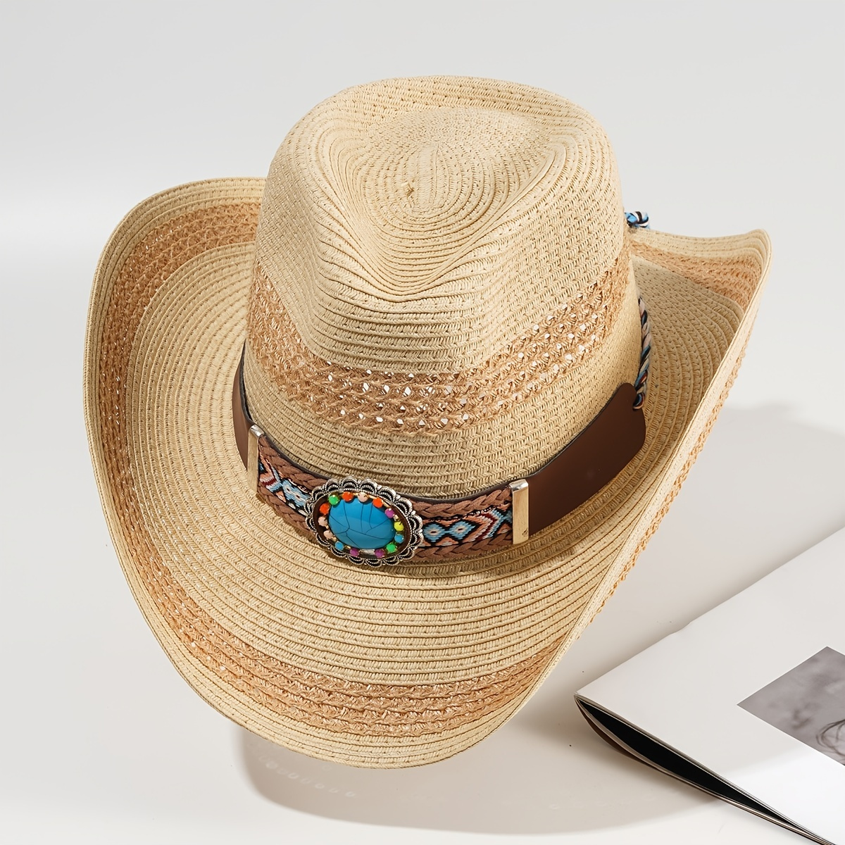 Khaki Cowboy Hat Curved Brim Straw Hat Wide Faux Jade Belt Decor Visor