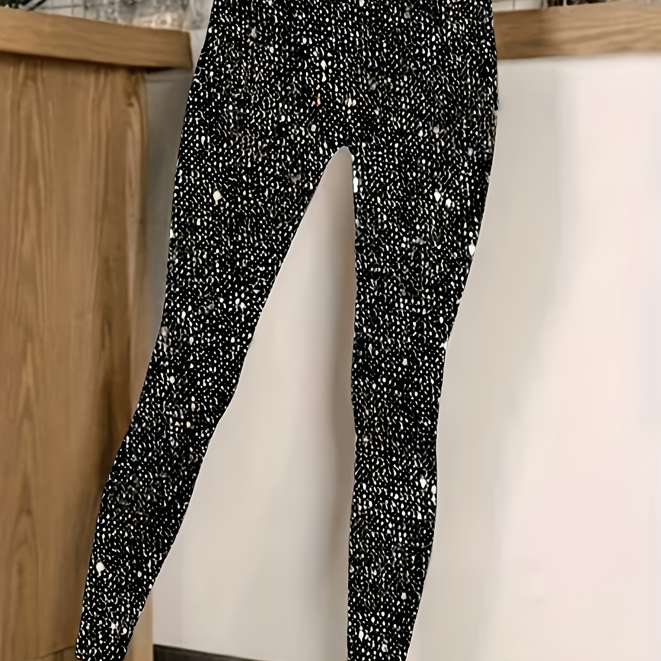 

Chic Black Sequin- Stretch Leggings For Women - Elegant, Comfortable Polyester Knit With Elastic Waistband, All Casual Wear, High Waisted Leggings