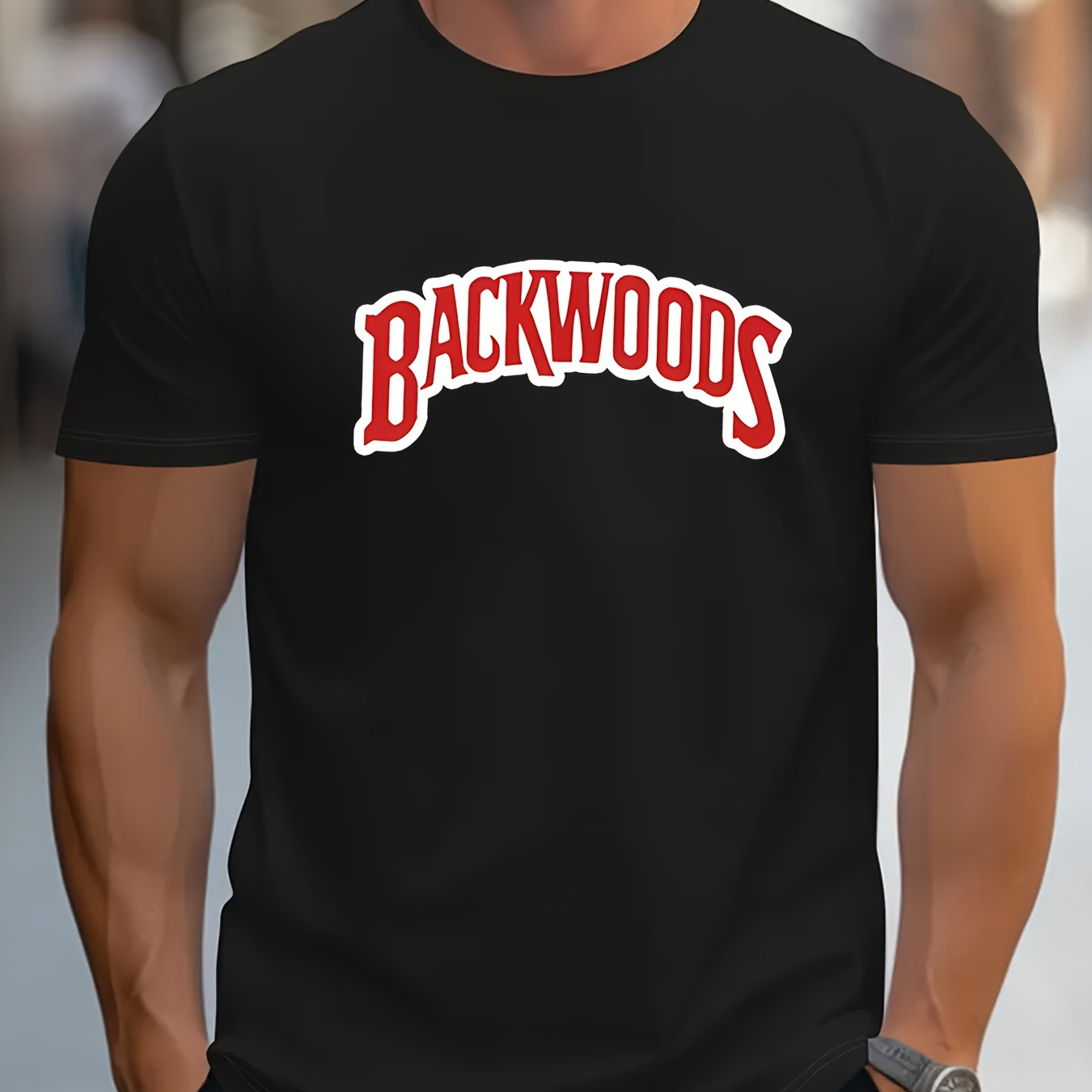 

Backwoods Letter Print Men's T-shirt, Crew Neck Short Sleeve Tees For Summer, Casual Comfortable Versatile Top For Outdoor Activities, As Gifts