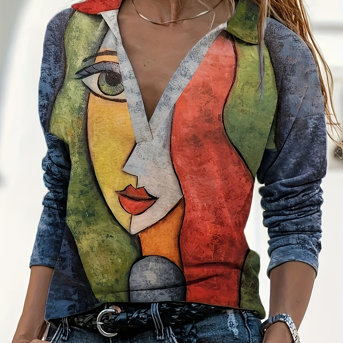 

T-shirt à col polo avec imprimé graphique en blocs de couleur, haut à manches longues décontracté pour le printemps et l'automne, vêtements pour femmes