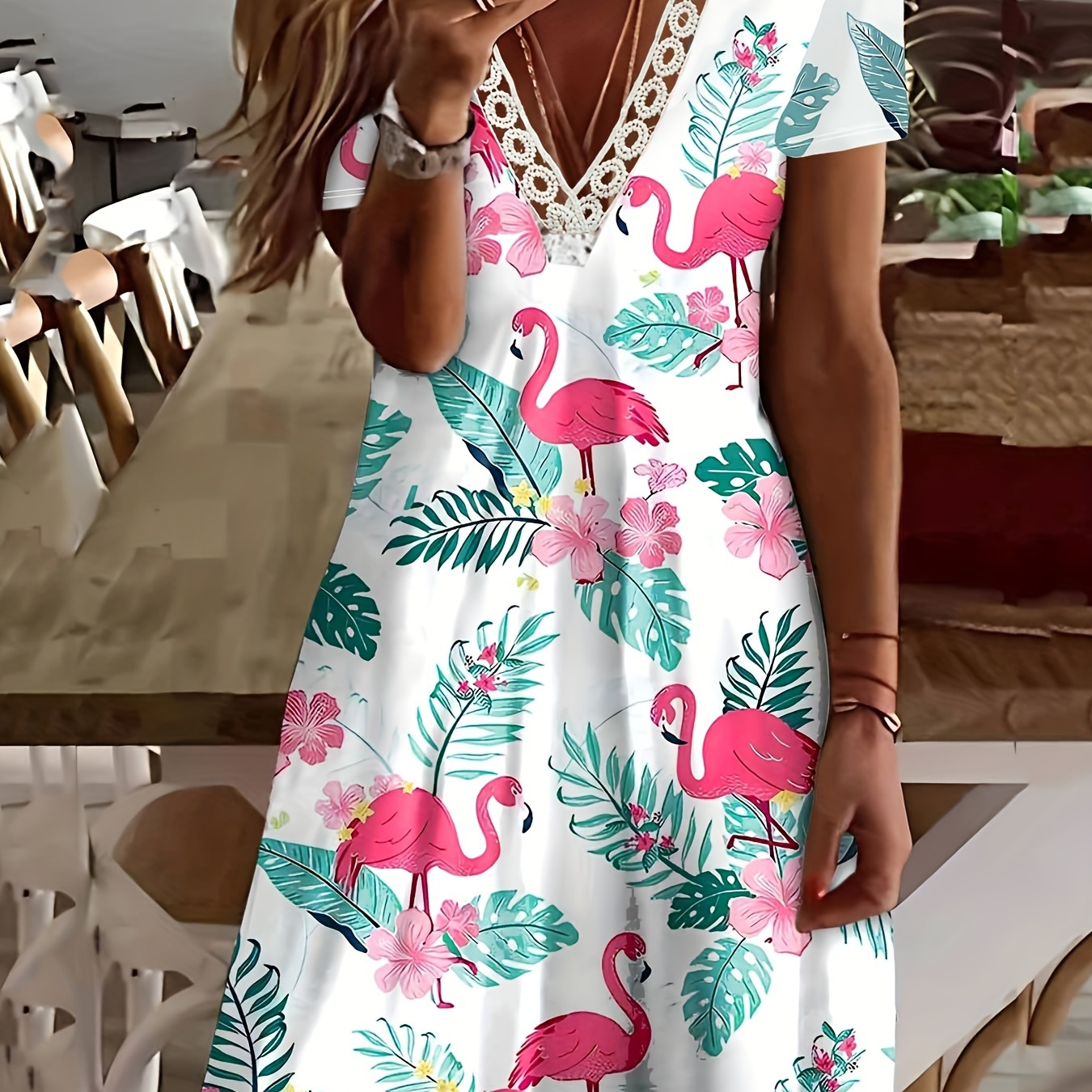 

Flamingo & Plants Print Contrast Lace Dress, Vacation V-neck Short Sleeve Dress, Women's Clothing