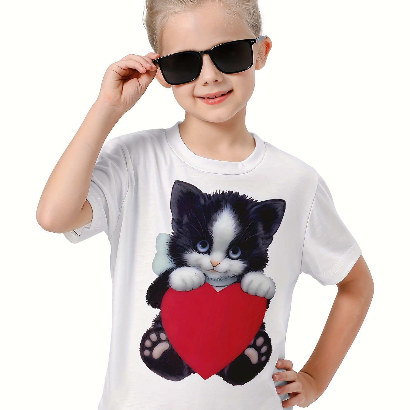 

Girls/boys 3d Sweet Cat & Heart Graphic Short Sleeve T-shirt Breathable Comfy Pullover Tops Summer Clothes Sports