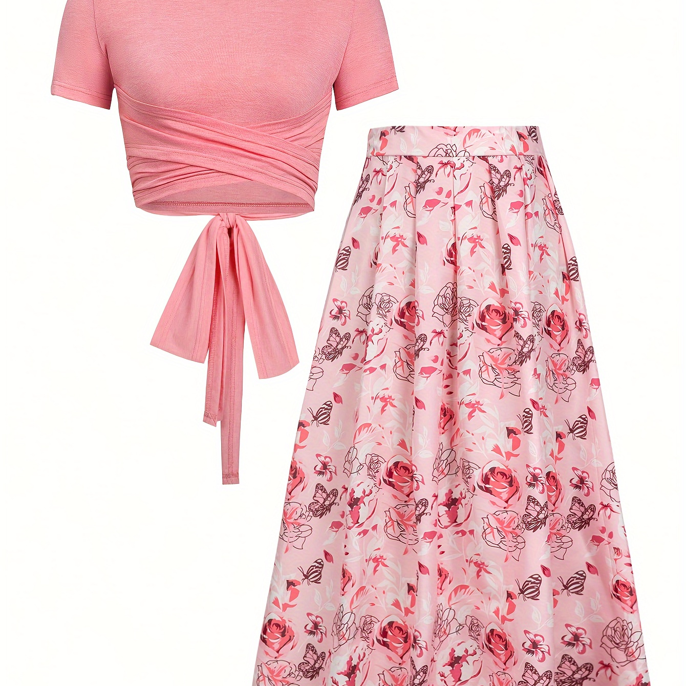 

Floral Print Elegant Skirt Suit, Solid Crew Neck Short Sleeve Knot Crop Top & High Waist Pleated Skirt Outfits, Women's Clothing
